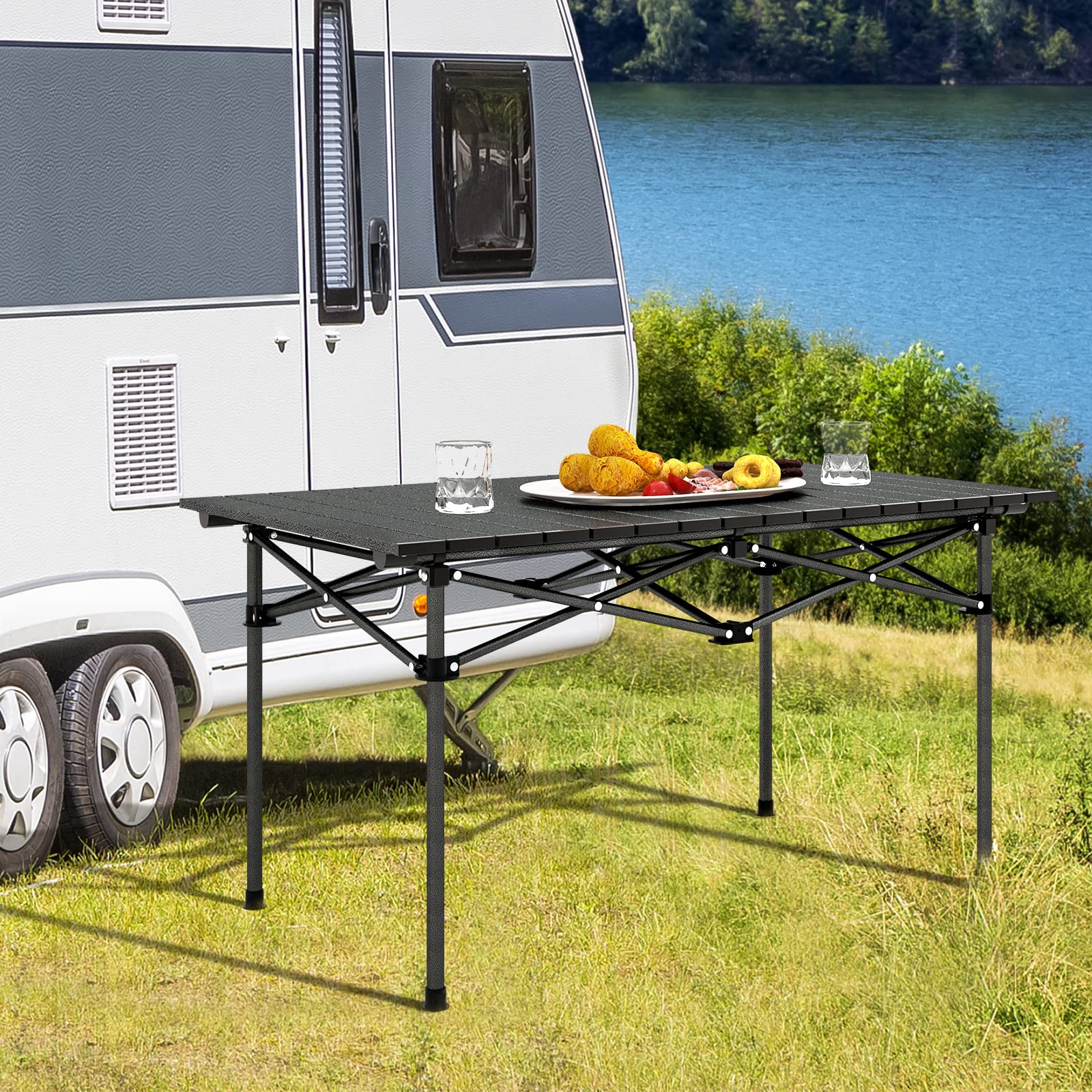 GYMAX Mesa Plegable de Camping 95 x 55 x 50 cm, Mesa de Jardín, Mesa de Balcón, Plegable, Incluye Bolsa de Transporte, Mesa Plegable de Aluminio, Fácil de Acampar para 4-6 Personas