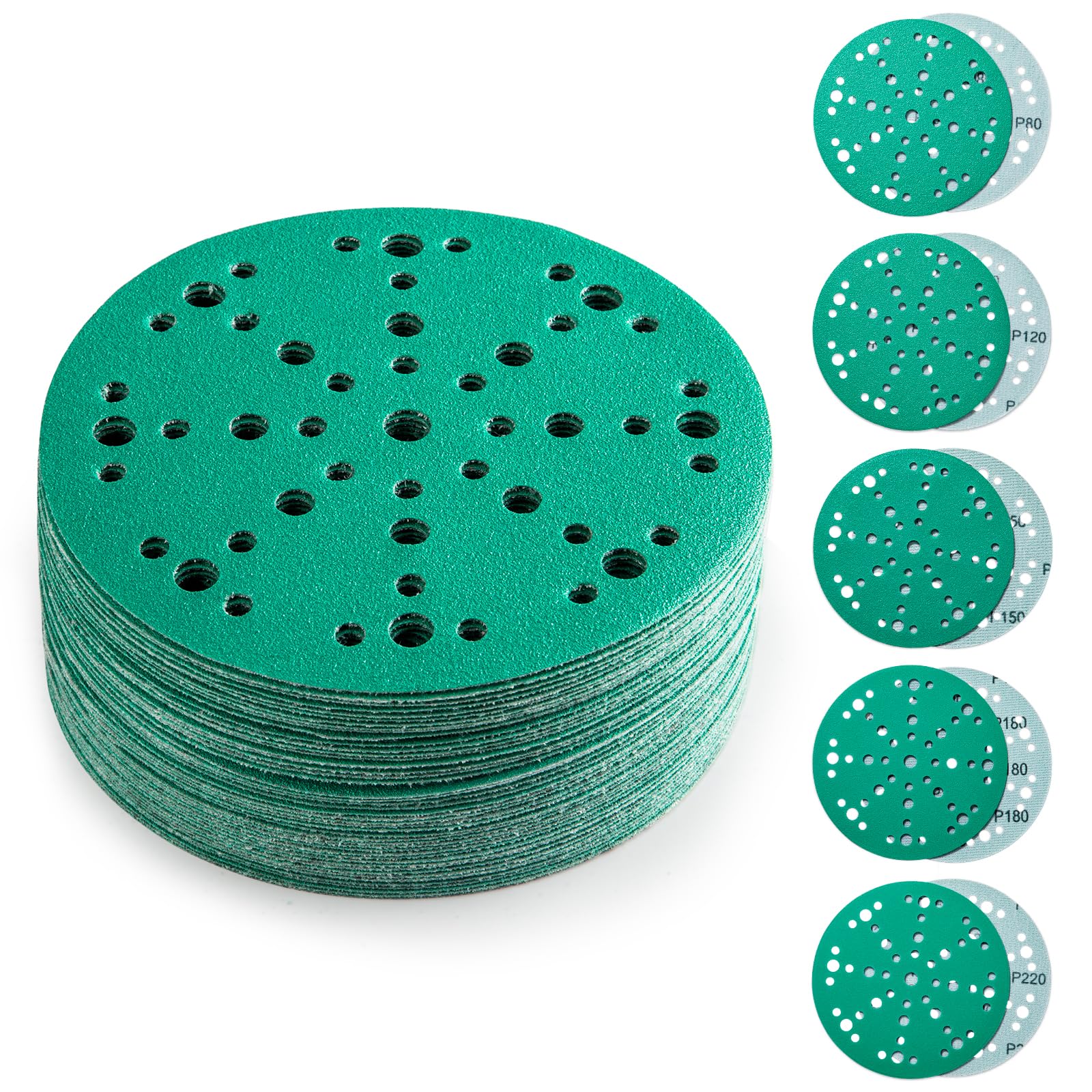 6-Inch Sanding Discs 50 Pack, 49-Hole Hook and Loop, Film Backed Sandpaper Assortment – Grits 80/120/150/180/220, Compatible with Festool Sanders