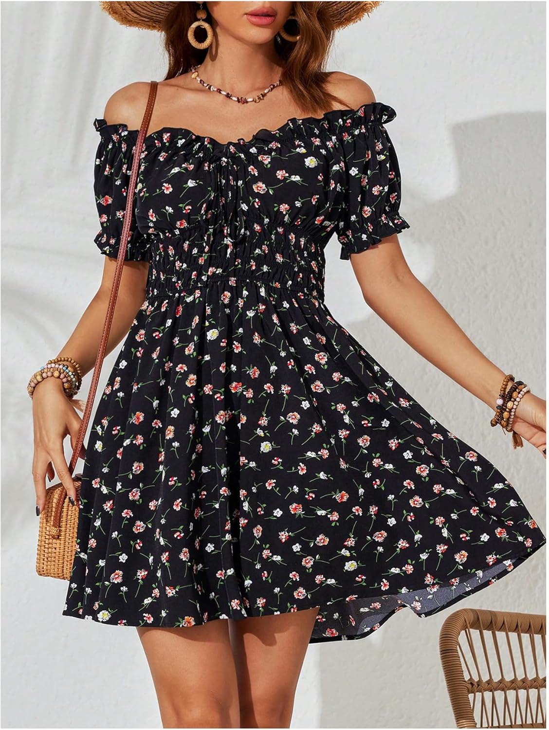 Milumia Women's Floral Off Shoulder Puff Sleeve Short Dress Boho Frill Trim A Line Mini Dresses - Image 5