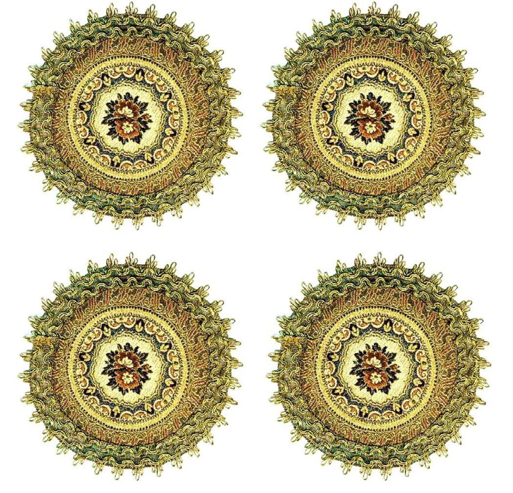 Victorian Brocade 8 Inch Round Doilies Floral with Gold Borders. Swiss Made, Set of 4