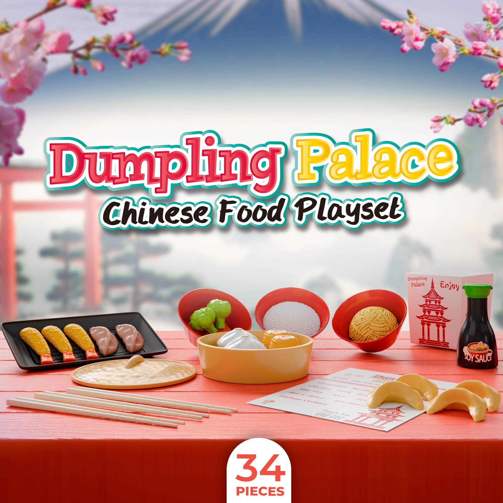 Dumpling Palace - Juego de comida china para niños, juego de 34 piezas para niños pequeños de 3 años en adelante, cocina gourmet con alimentos realistas para juego creativo y aprendizaje 3