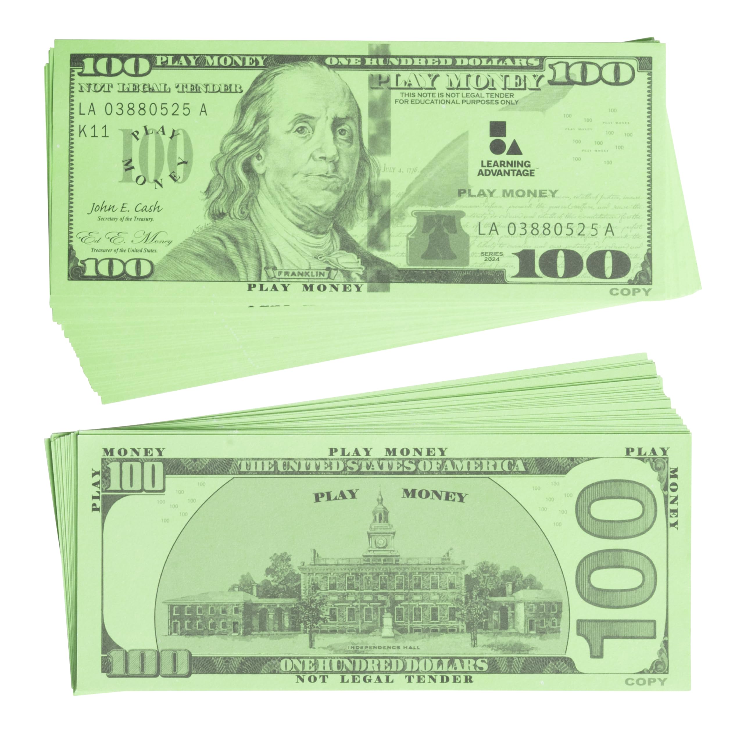 LEARNING ADVANTAGE One Hundred Dollar Play Bills - Set of 50 $100 Paper Bills - Designed and Sized Like Real US Currency - Teach Currency, Counting and Math with Play Money