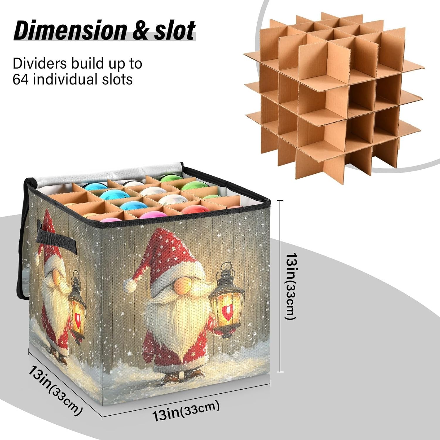 High Capacity Christmas Ornament Storage Box Holds Up to 64, Zippered Top telescoping Holiday Storage Case with Lid,Christmas Gnome Red Snow