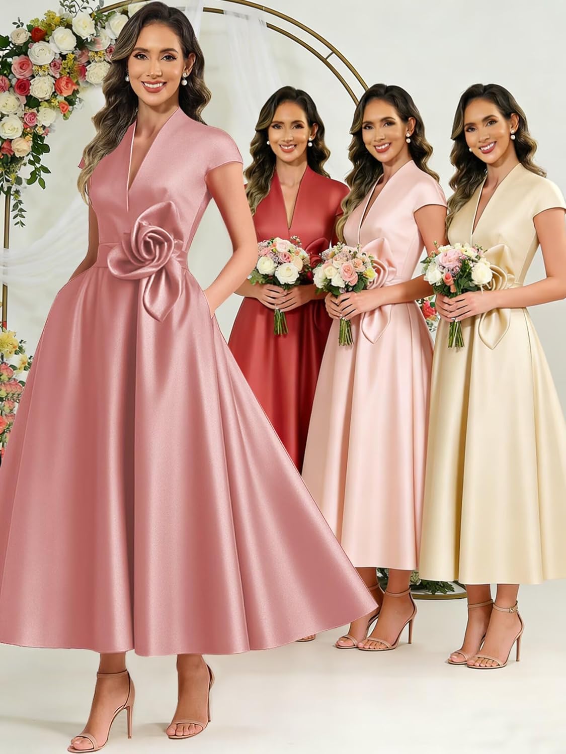 Tea Length Satin Mother of The Bride Dresses for Women A Line V Neck Formal Wedding Guest Dresses with Cap Sleeves - Image 5