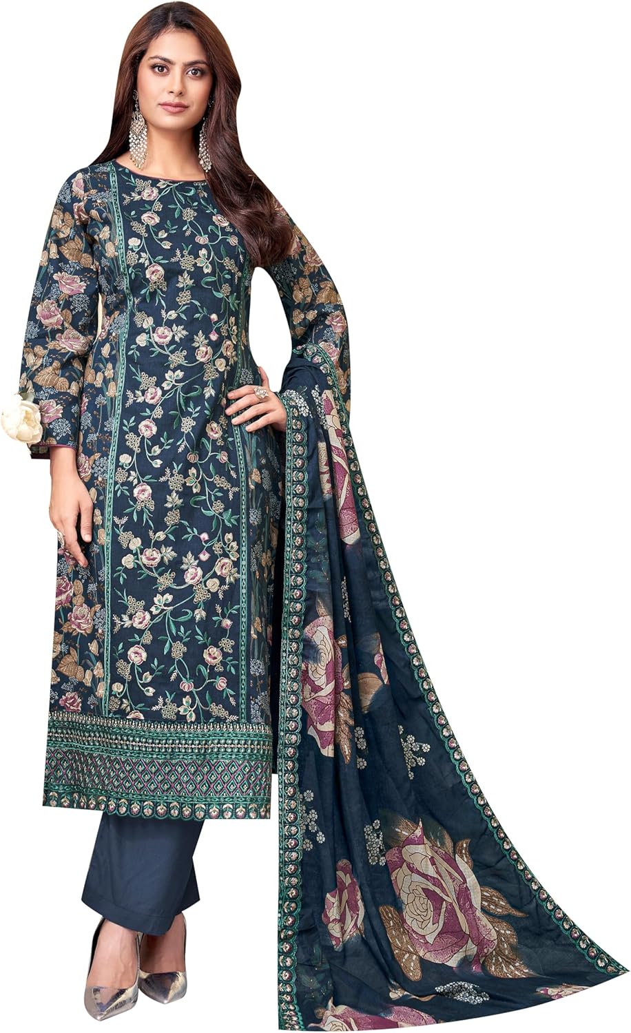 ladyline Cambric Cotton Printed-Embroidered Salwar Kameez Set for Women - Elegant Kurta, Pants & Dupatta- Ethnic Indian Dress