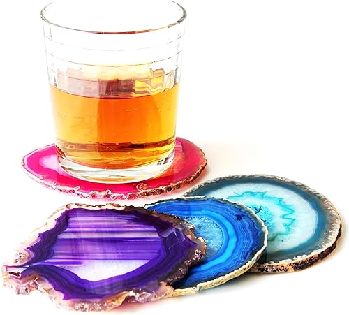 Miniatura 3 de JIC Gem Posavasos de ágata de color teñido extra mixto de 4 a 5 pulgadas, posavasos de geoda natural pulidos, rebanados con parachoques de goma