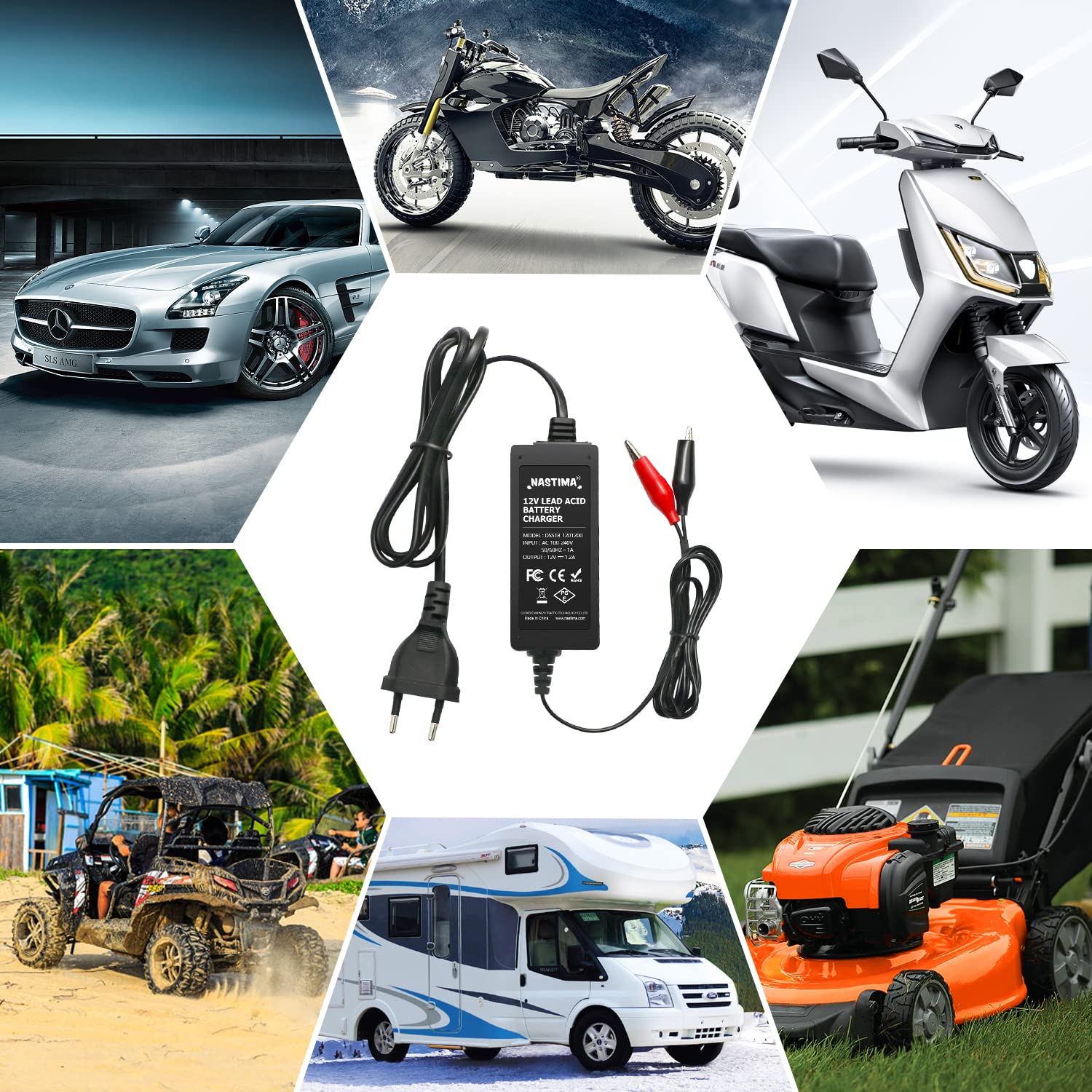 NASTIMA 12V 1200mA Versiegelte Blei-Säure-Batterieladegerät(SLA) mit Kurzschluss- und Überladungs-Mehrfachschutz, für Blei-Säure-Batterieautos, Motorräder, Elektrofahrzeuge, Geländefahrzeuge
