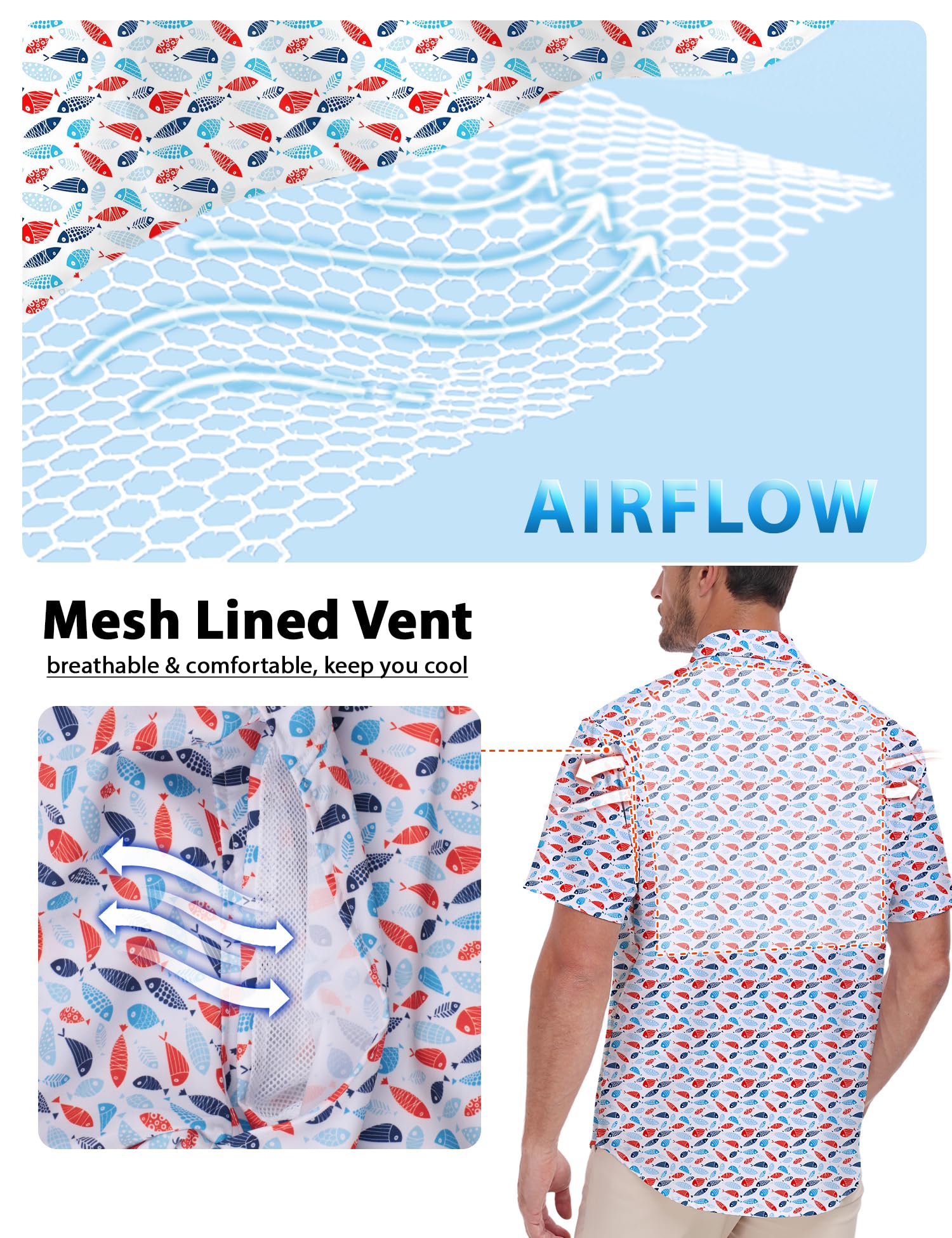 Fishing Shirts for Men Short Sleeve Button Down Print Hawaiian Camp Shirt with Breathable Back Vent Casual Beach Summer Tops