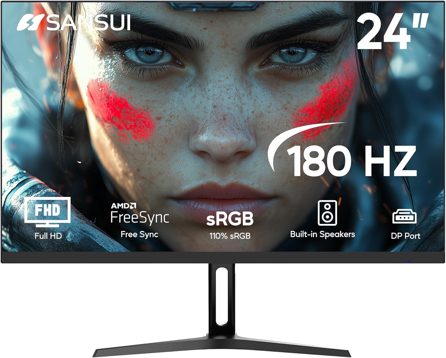 SANSUI 180Hz 24 inch PC Monitor, Computer Monitor FHD 1080p, Display Port with Built-in Speakers sRGB 110% Adaptive Sync, HDMIx2 Ports VESA Compatible Tilt Adjustable,Black