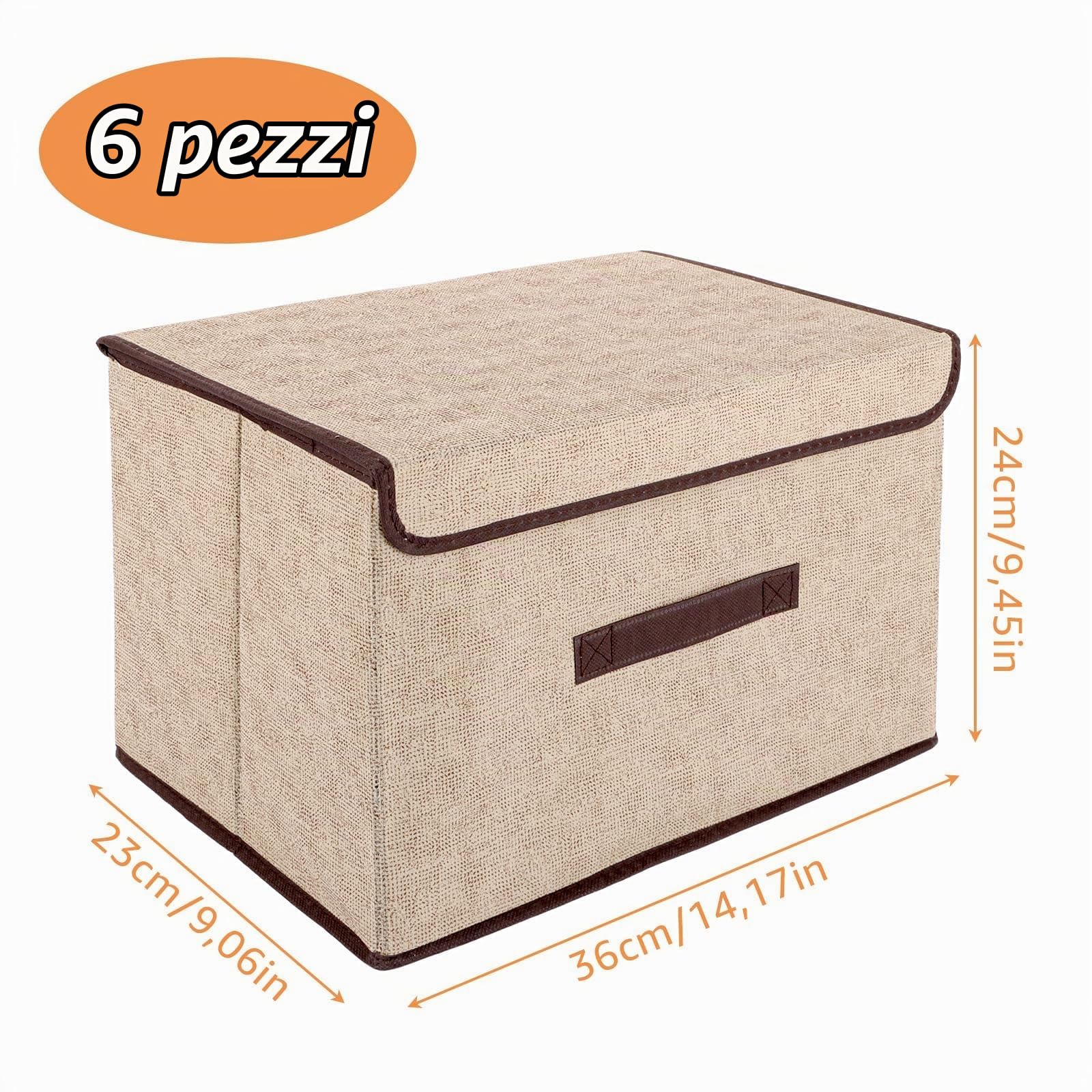 YAYODS 6 scatole portaoggetti in tessuto – 36 x 23 x 24 cm scatole con coperchio – scatole pieghevoli – scatola portaoggetti beige lavabile con manico per vestiti, calze
