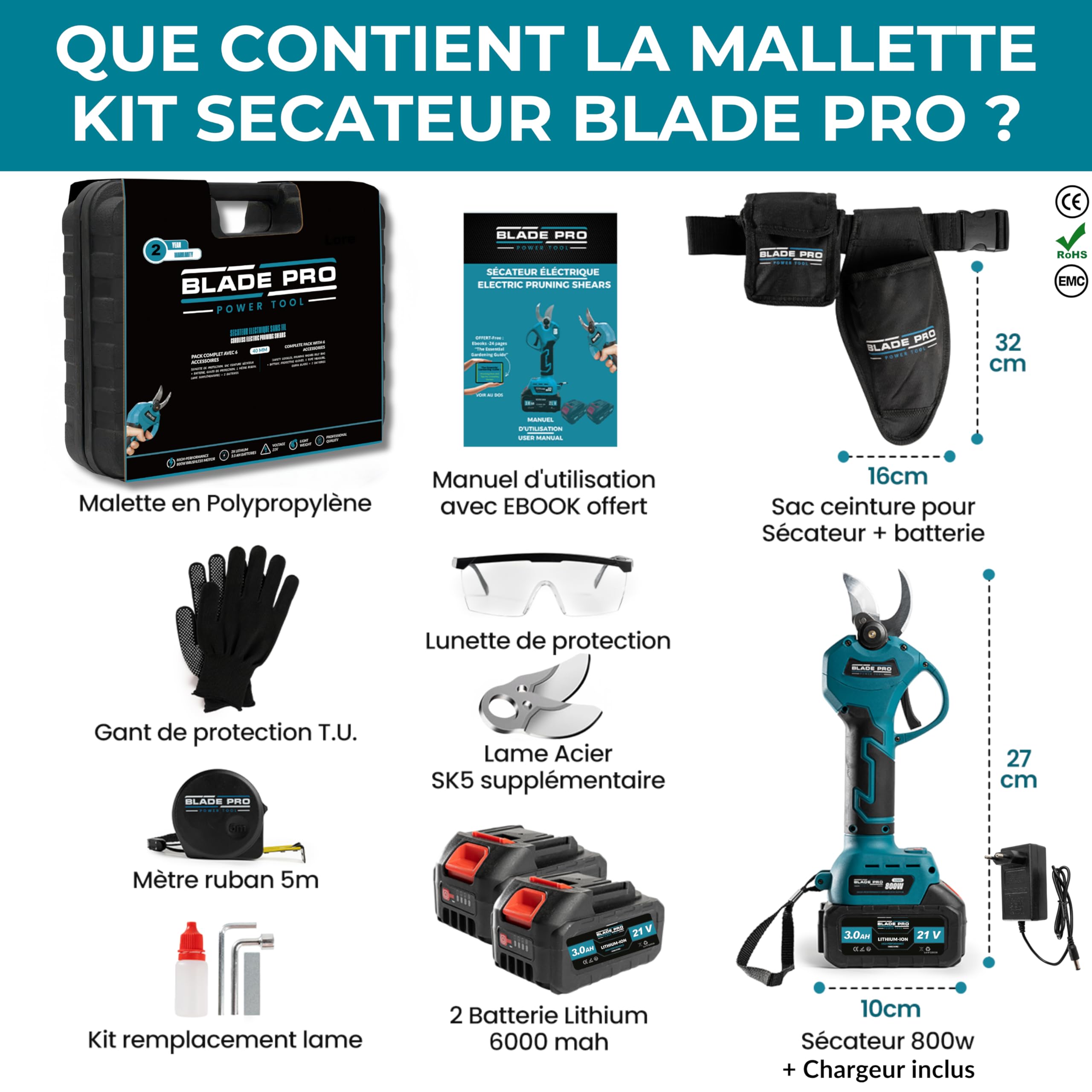 Sécateur Électrique Sans Fil 40mm - Sécateur à Batterie 6000mAh - 2 Batterie 21V - Brushless 800w - Coupe Branche Professionnel - Kit complet BLADEPRO