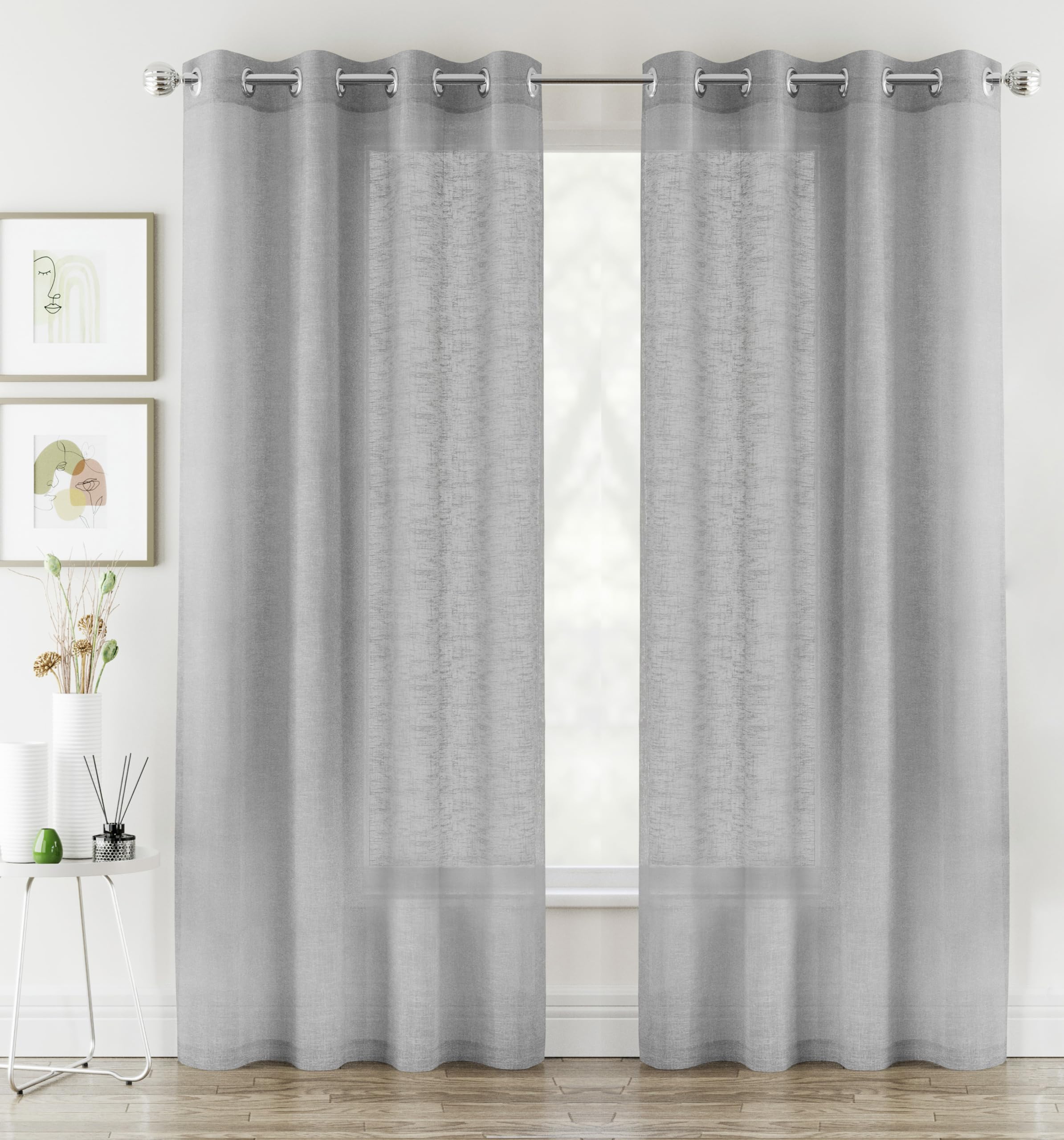 Tyrone Textiles Silver Pair Of Crete Linen Look Sheer Voile Panels 229 Cm With Eyelet Header