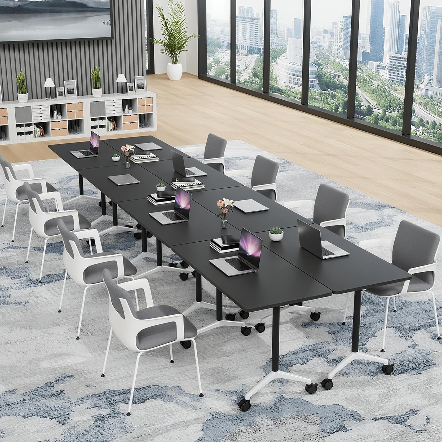 Conference Table, Folding Conference Room Tables with Silent Wheels, Foldable Modular Training Table, Modern Rectangle Seminar Meeting Tables for Office, Boardroom (6, Black, 47.2)