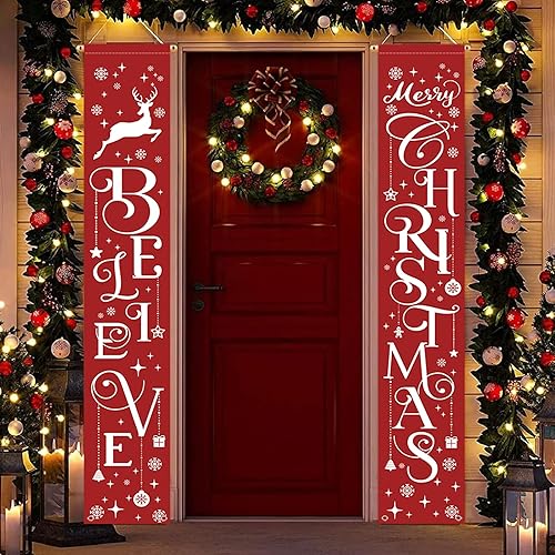 Cartel de puerta de Navidad, decoraciones colgantes de Feliz Navidad para el hogar, juego de letreros de porche delantero de fondo blanco y rojo,