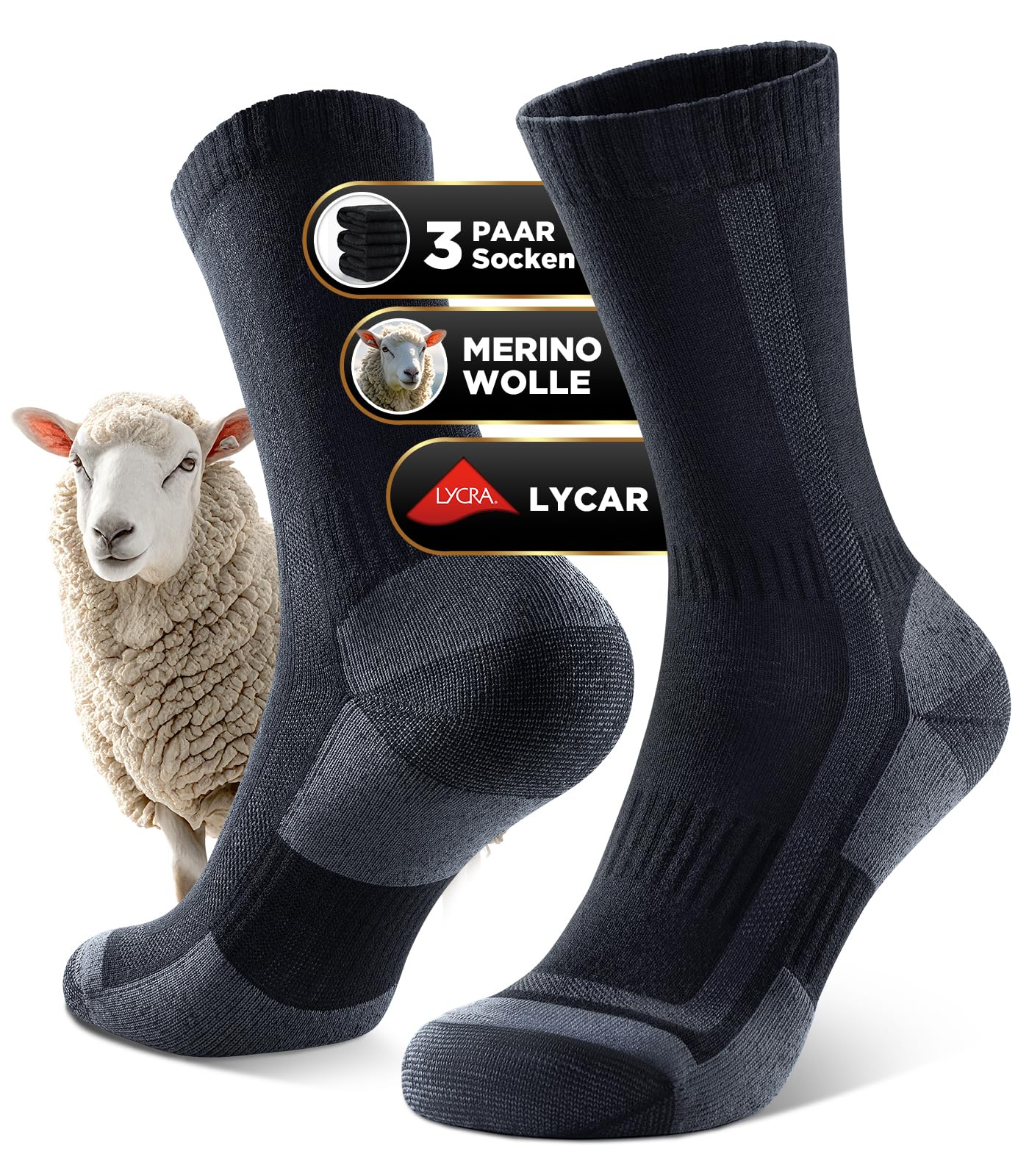 Ruixue Merino Wandersocken Herren & Damen, Outdoor Socken Trekkingsocken, Merinowolle Sportsocken Laufsocken Sneakersocken für Herren, Damen & Kinder[3 Paar]