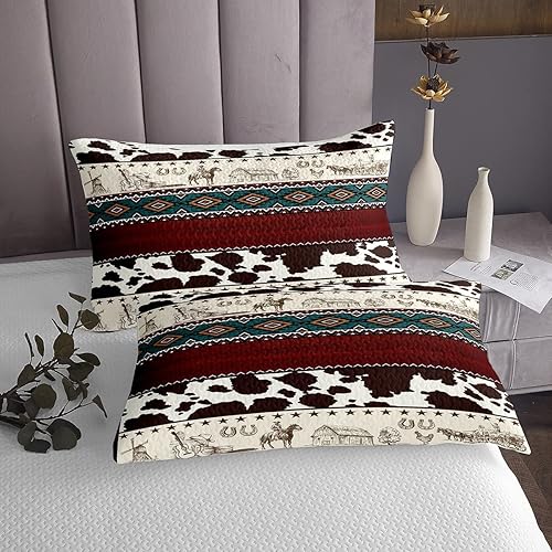 Miniatura 3 de Juego de colcha de retazos geométricos de color rojo y marrón, tamaño Queen, juego de edredón abstracto de piel de vaca vaquero, caballo vaquero,