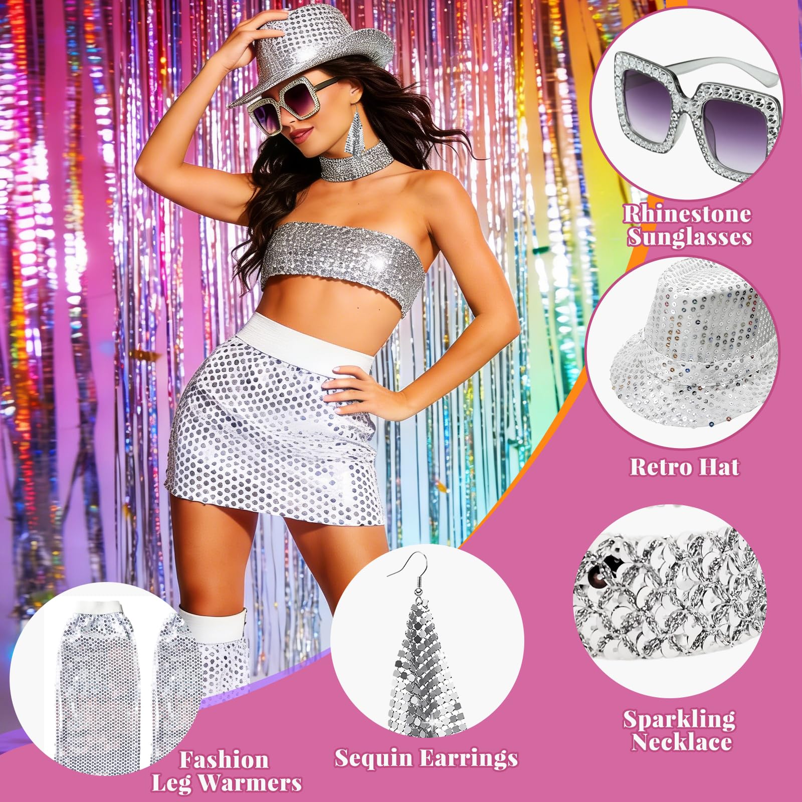 5Pcs 70s Disco Accessories Set for Women 1970s Abba Fancy Dress Costume Accessories with Sequin Hat Leg Warmers Bling Sunglasses Earrings Necklace abba outfits for Adults Carnivals Disco Party - Image 3