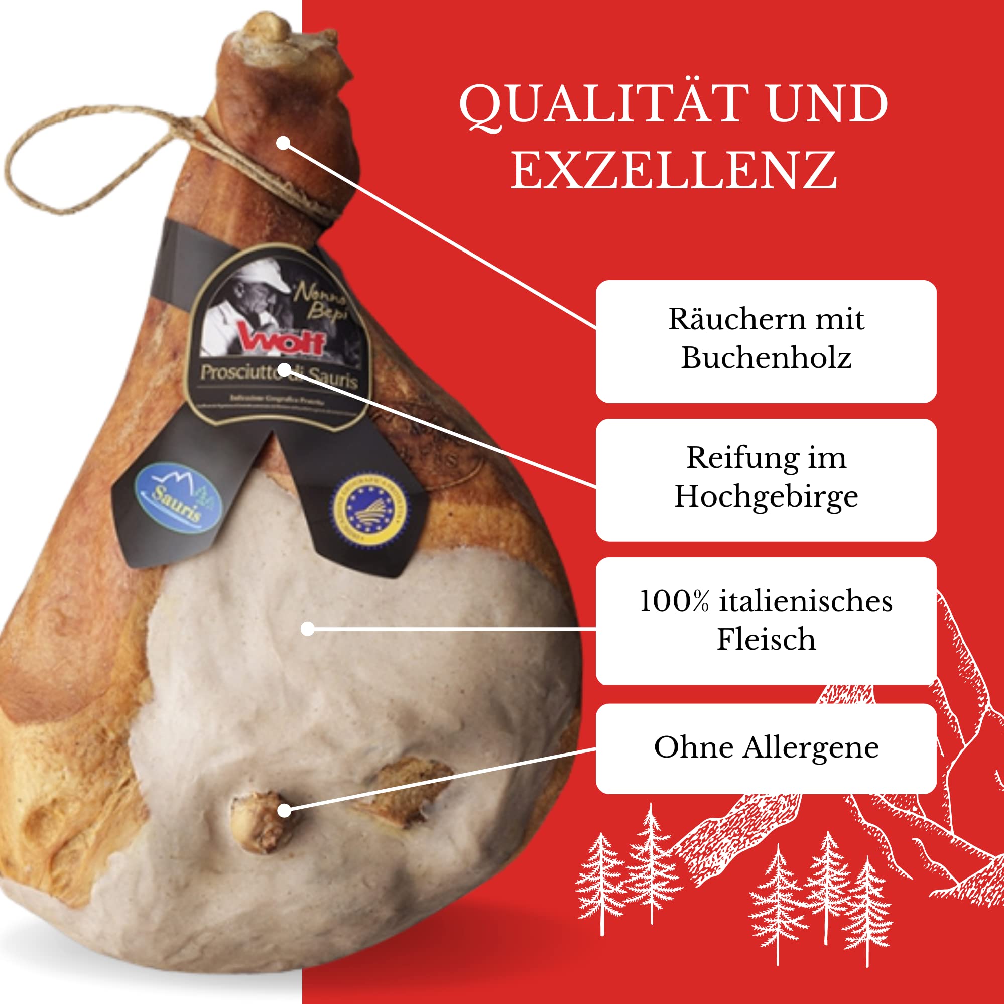 Wolf, Sauris-Schinken Mit 100% Italienischem Fleisch Nonno Bepi, Hergestellt Mit Traditioneller Räuchertechnik, Schinken, Lange Reifung, Glutenfrei, Halb 1/2, 3,5 Kg (Mind. Nettogewicht Garantiert)