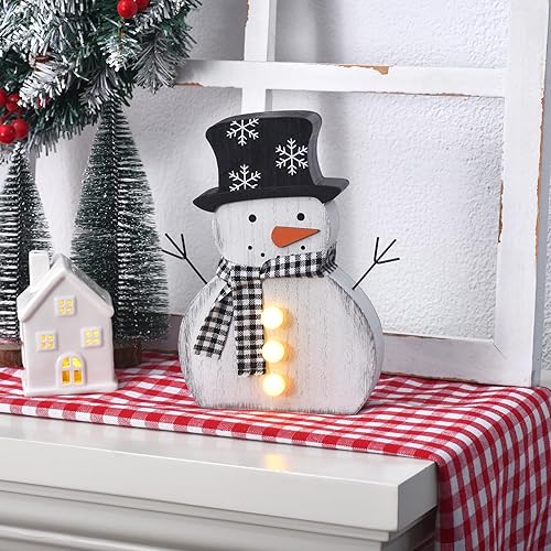 Miniatura 5 de Decoración navideña de muñeco de nieve de madera con botones LED, figura de muñeco de nieve rústica iluminada con bufanda a cuadros, decoración de