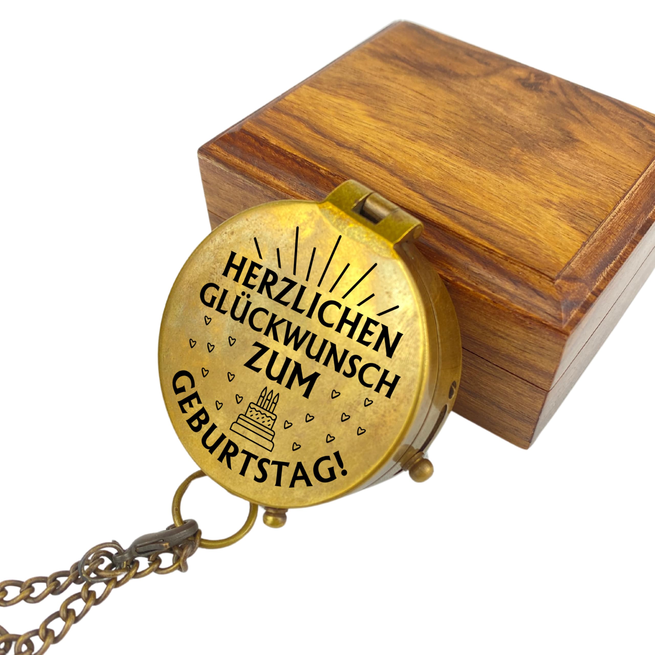 Personalisierter Kompass mit Gravur Wunschmotiv zum Geburtstag und Wunschtext Name Diverse Designs Messing Ledertasche Geschenkbox Geschenkidee (in Vintage Optik und poliert)