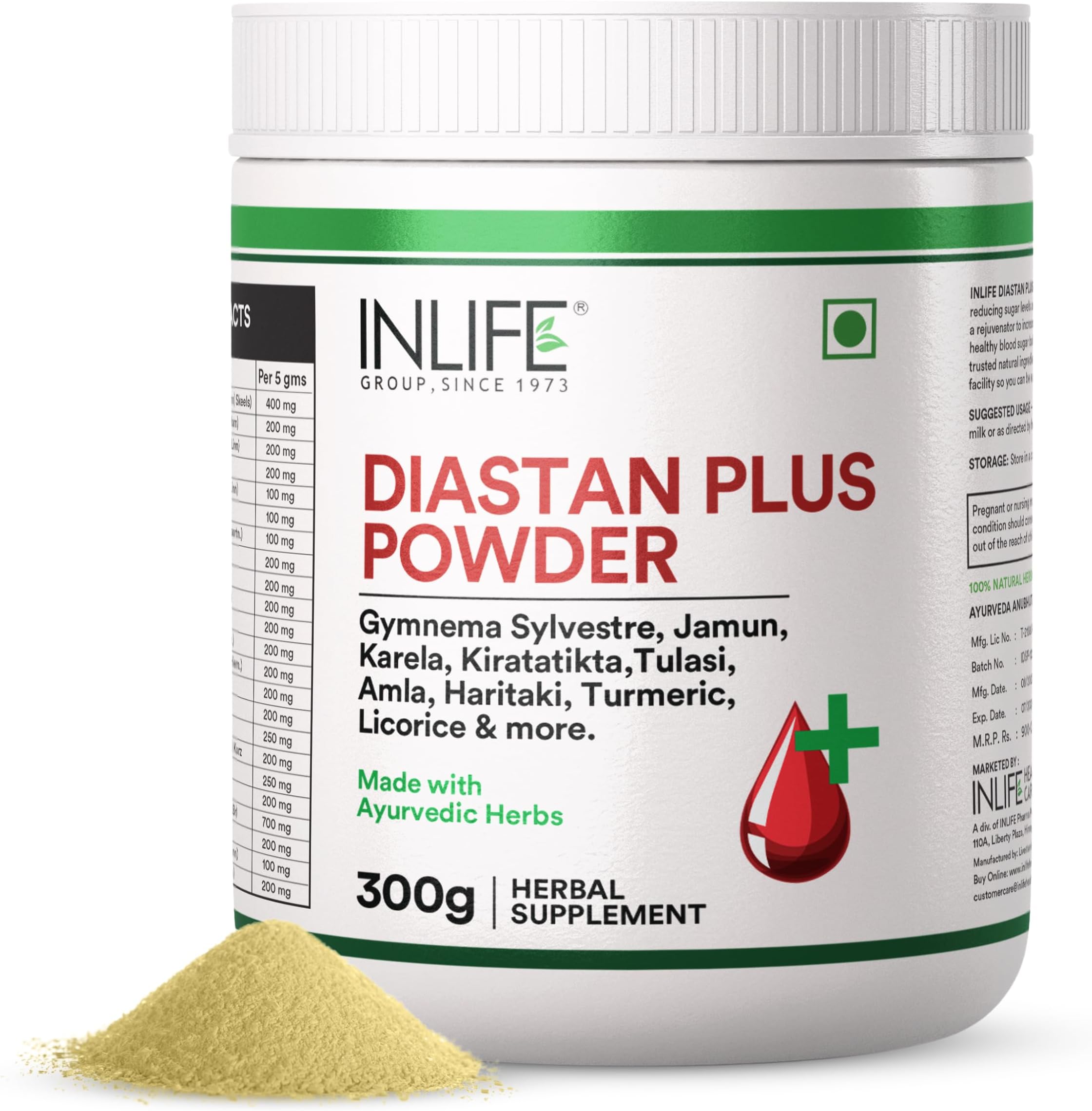 INLIFE Diastan Plus Powder | Ayurvedic Herbal Supplement with Gymnema Sylvestre, Jamun, Karela, Tulasi, Amla, Turmeric, Licorice & more Glucose Support and Glucose Metabolism, for Men & Women - 300g