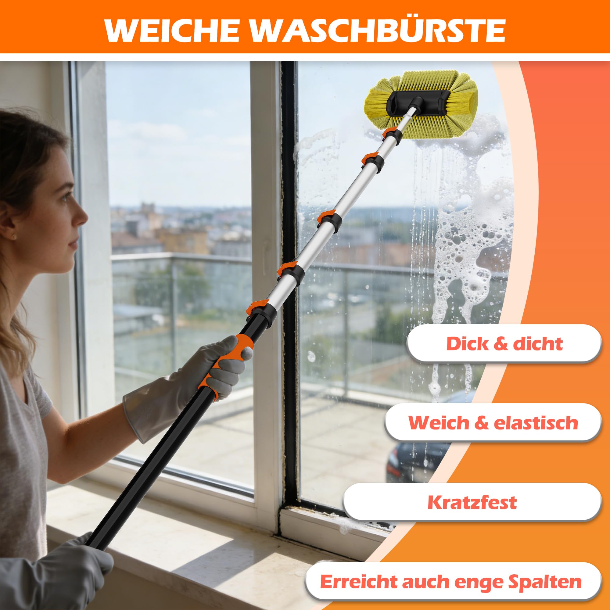 Autowaschbürste mit langem 4,3 m Teleskopstab, 30,6 cm weiche Borsten, für Auto, Wohnmobil, LKW, Boot & Solarpaneele, Orange
