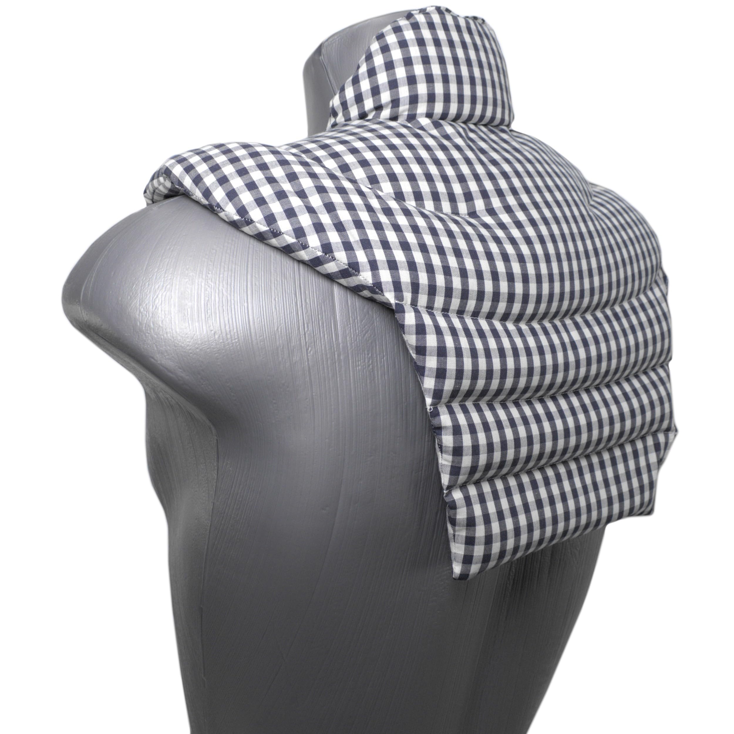Tour de cou pour vertèbres cervicales avec col montant et partie dorsale - Tissu biologique vichy bleu et blanc- Coussin thermique 2 en 1 utilisable à chaud ou à froid - graines de lin