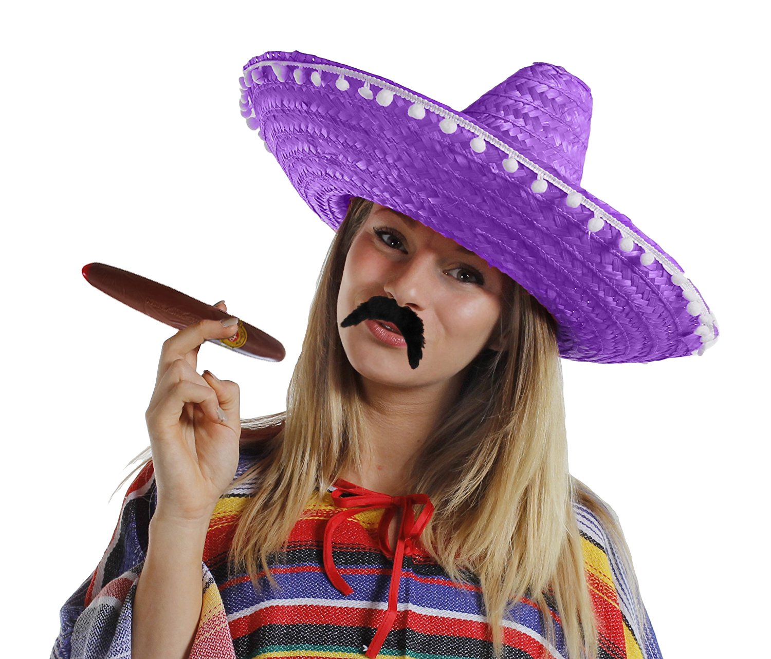 I LOVE FANCY DRESS 1X PURPLE MEXICAN SOMBRERO HATS PLUS 1X MOUSTACHE PLUS 1X FAKE JUMBO CIGAR STRAW — image 1