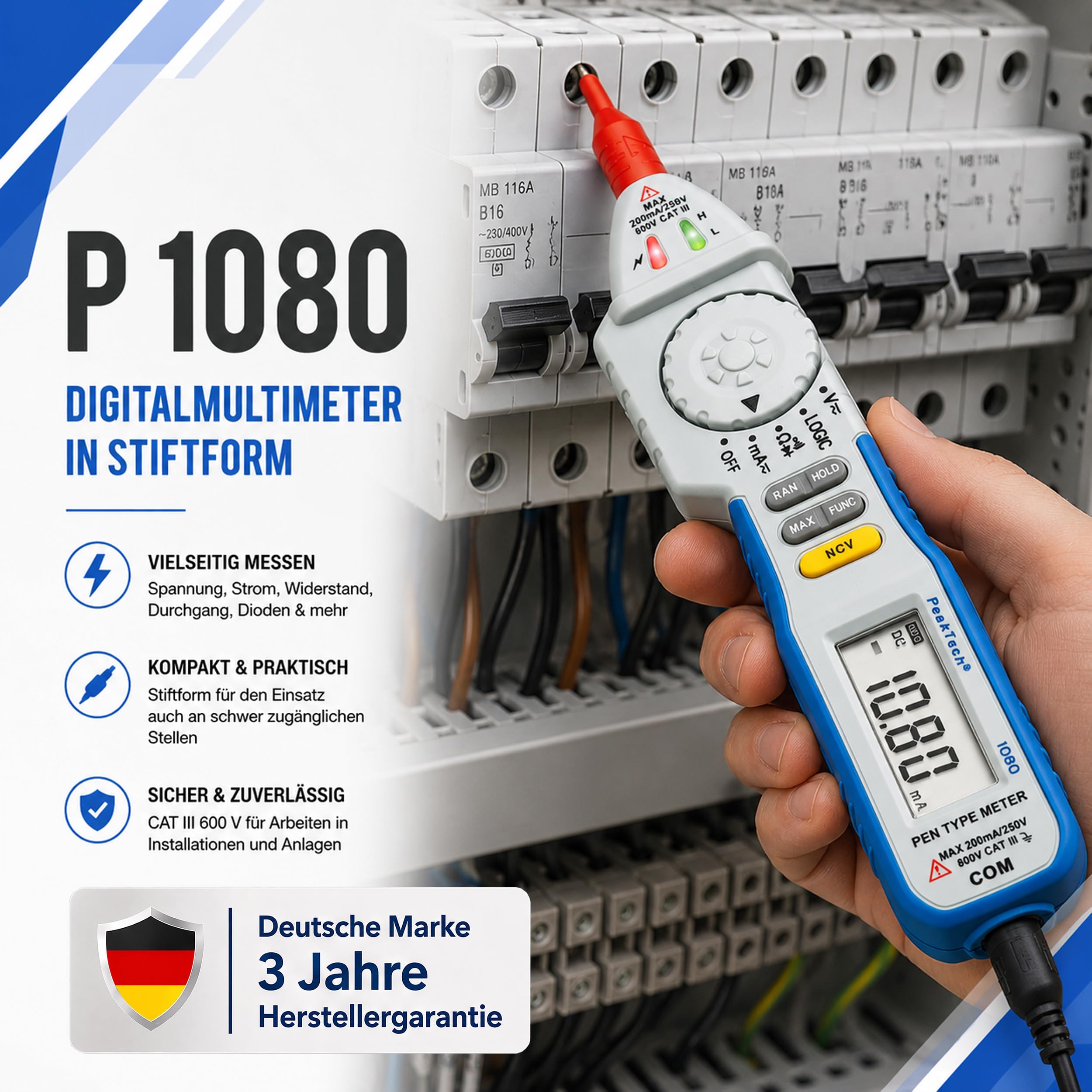 PeakTech P 1080 - Cyfrowy Multimetr piórkowy ~ 2.000 zliczeń ~ 600V AC/DC ~ z NCV