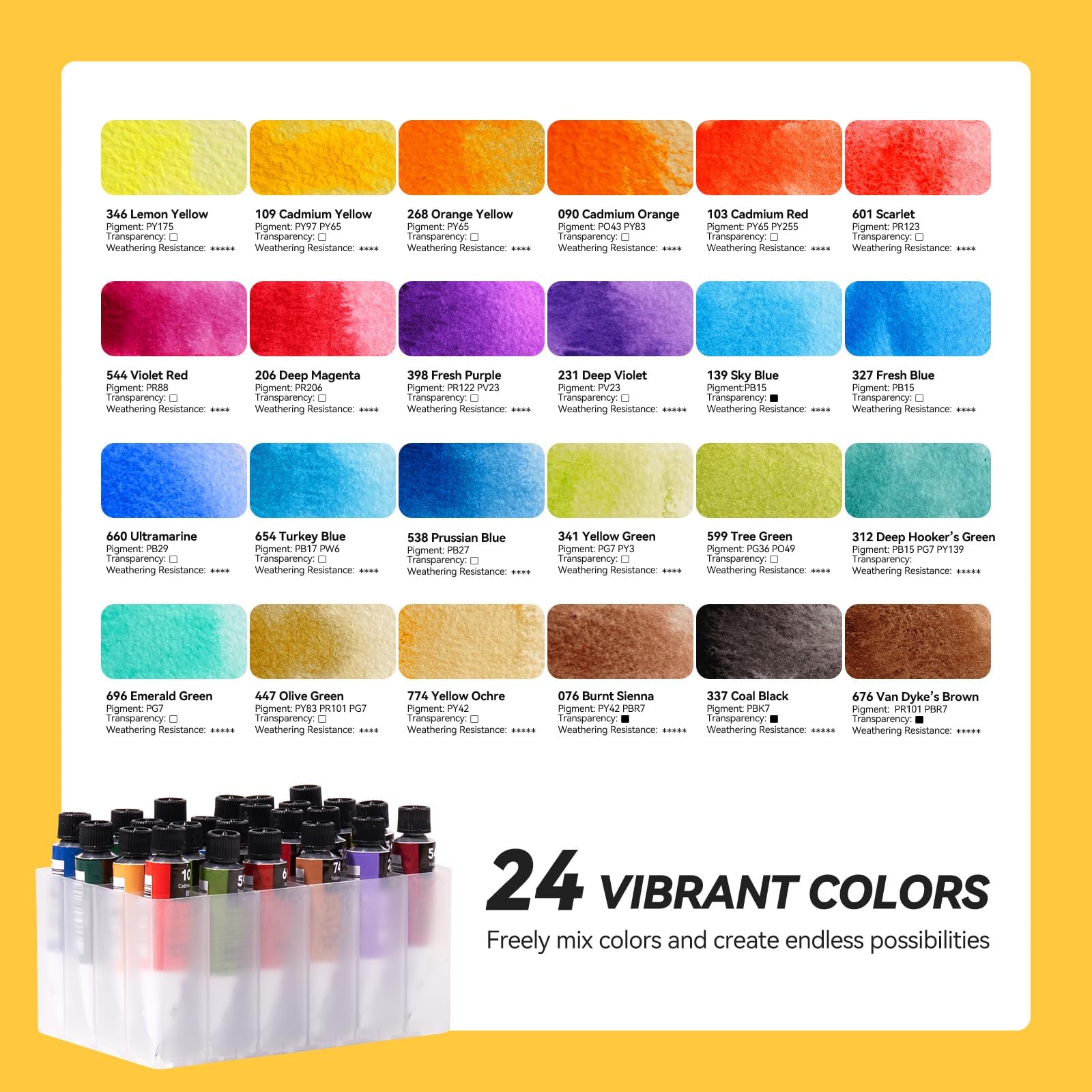 LIGHTWISH Set Acquerello Portatile 24 Colori, Kit Pittura Completo con Pennello ad Acqua, Quaderno Acquerello, Paletta Ceramica, Mirino, per Schizzo Esterno per Artisti e Principianti, Giallo