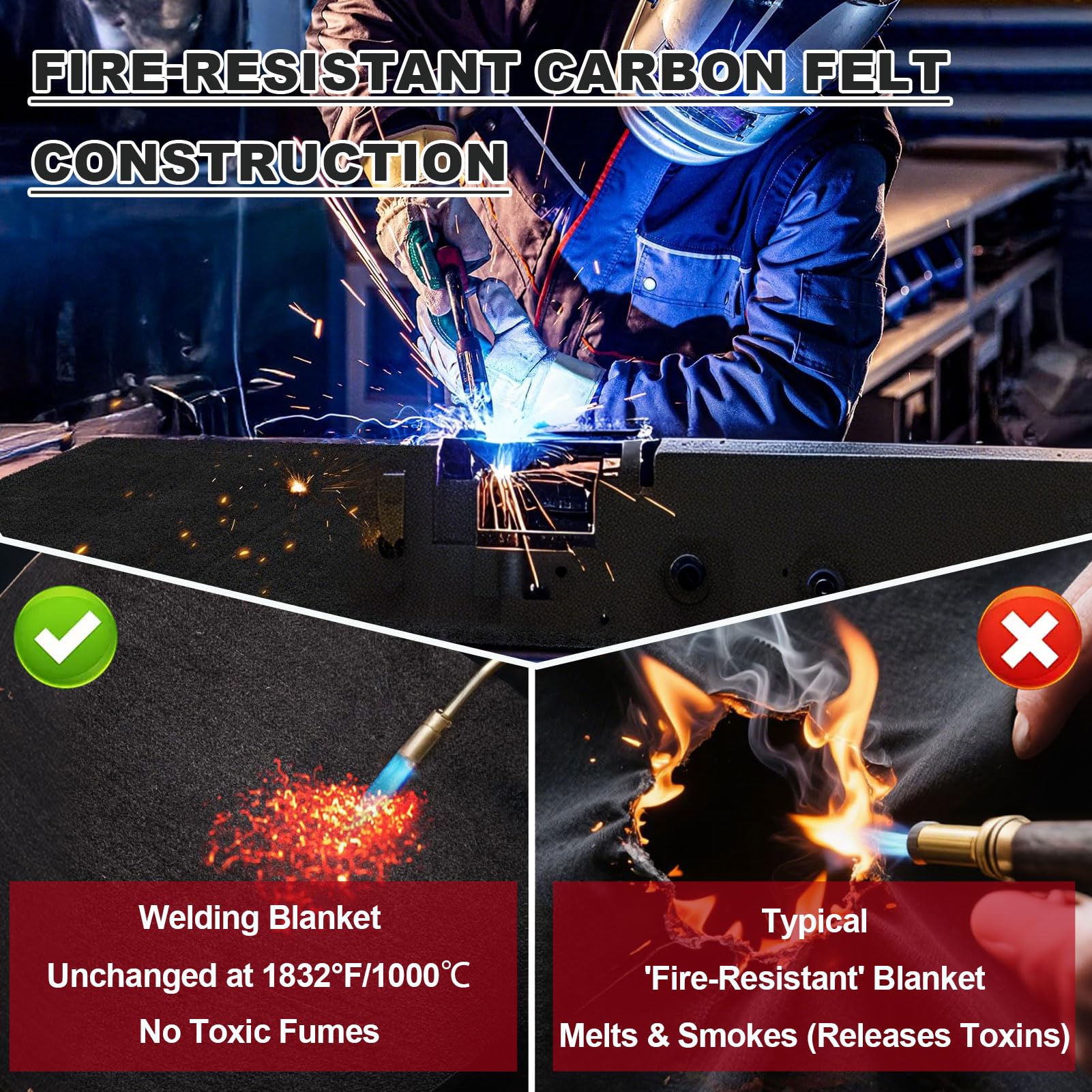 Manta para Soldadura, Almohadilla de Fieltro de Carbono Resistente a Altas Temperaturas, Tela de Protección Térmica de 10 mm de Grosor Que Soporta 1000 ℃, Flexible y Cortable,80 x 340 cm
