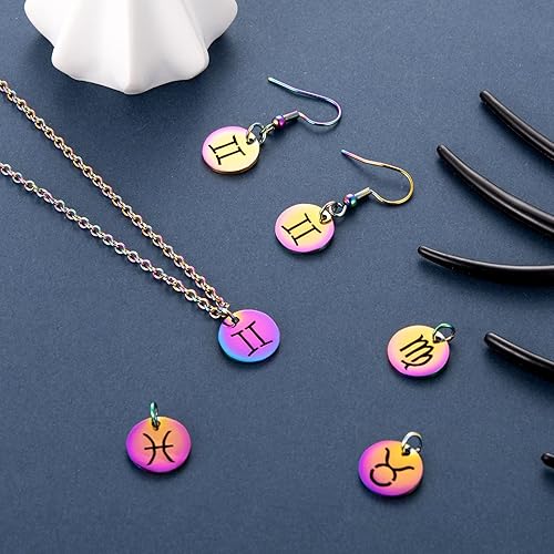 Miniatura 4 de 12 dijes de constelación redondos, planos, redondos, de arco iris, signo del zodiaco, para hacer joyas, aretes, collares, Acero inoxidable 201,