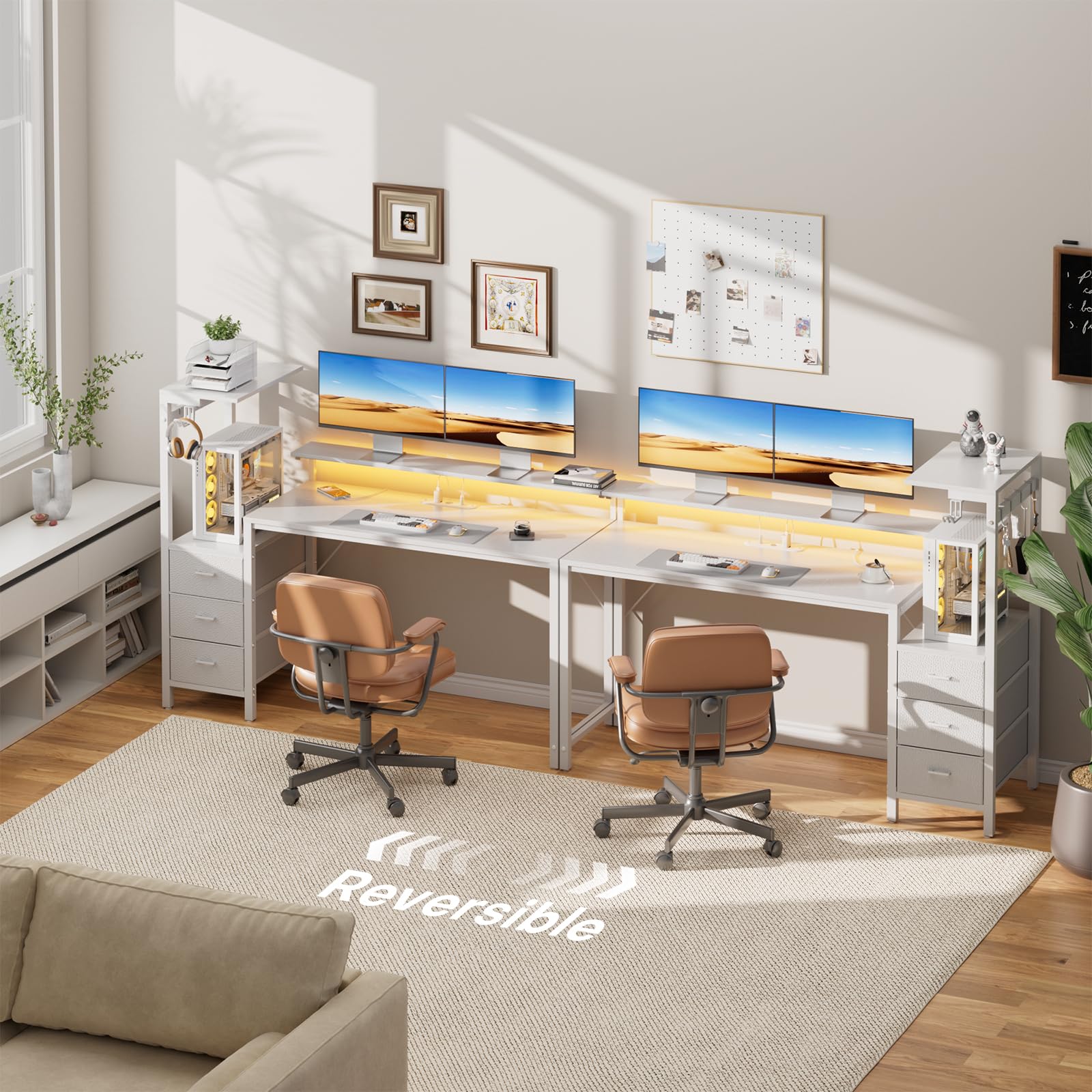 SOLAVERO Escritorio Gaming con LED y Enchufe Integrado, 112cm Mesa Gaming Reversible con Estanteria & Cajones de Tela, Mesa Ordenador con Soporte para Monitor y Gancho para Auriculares, Blanco