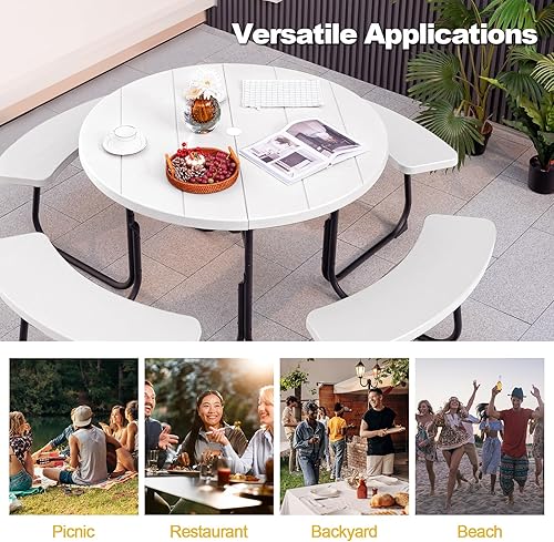 Miniatura 8 de Tangkula Mesa de picnic para 8 personas, mesa de picnic redonda al aire libre con 4 bancos integrados, agujero para paraguas, marco de metal y mesa