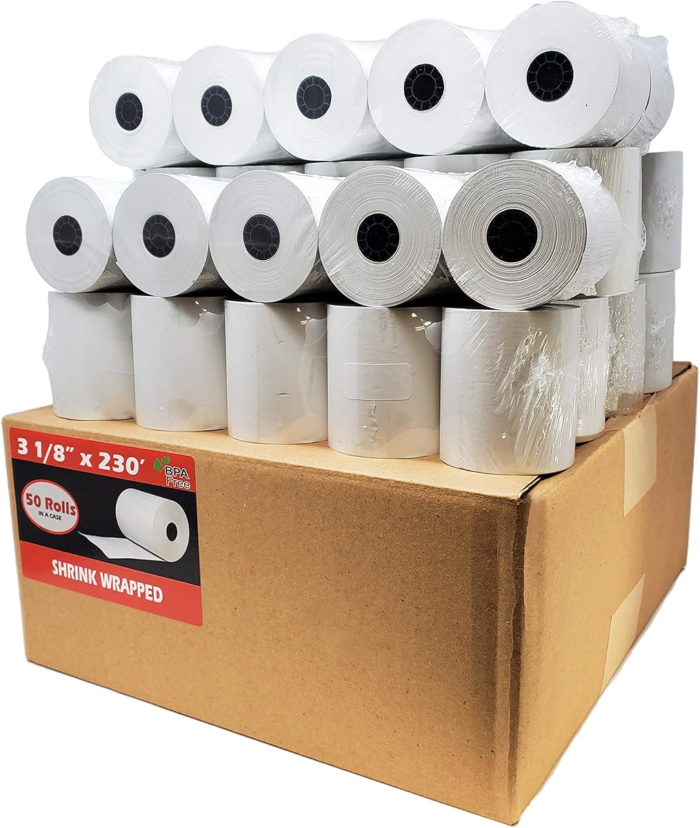 (50 Rolls) 3 1/8 x 230 Thermal Paper Receipt Rolls (55 GSM Premium Quality German Paper) Fits All POS Cash Registers BPA Free - BuyRegisterRolls