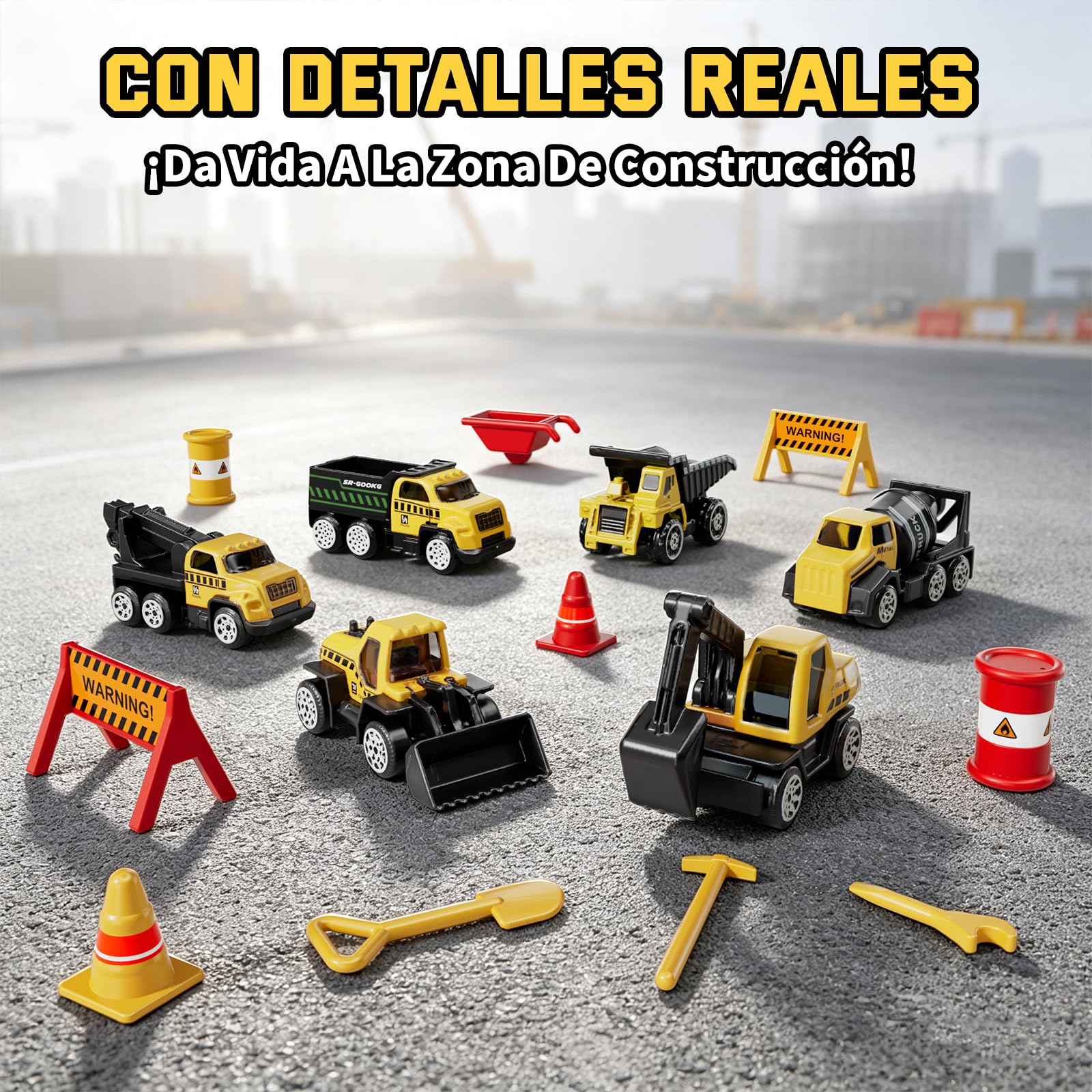 Lehoo Castle Camión de Juguete con Grúa Luz y Sonido, Vehículos de Construcción Regalo para Niños de 3 4 5 6 Años, Garaje Coches Juguete con 6 Mini Excavadora Tractor y Piezas de Construcción