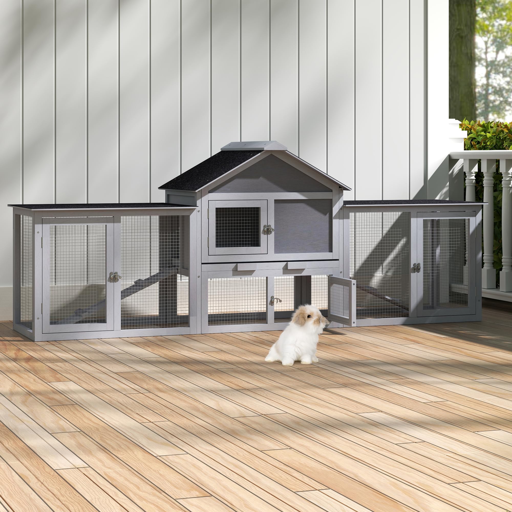 82.5" Large Wooden Rabbit Hutch - Outdoor/Indoor Bunny Cage With Cleaning Tray & Waterproof Roof