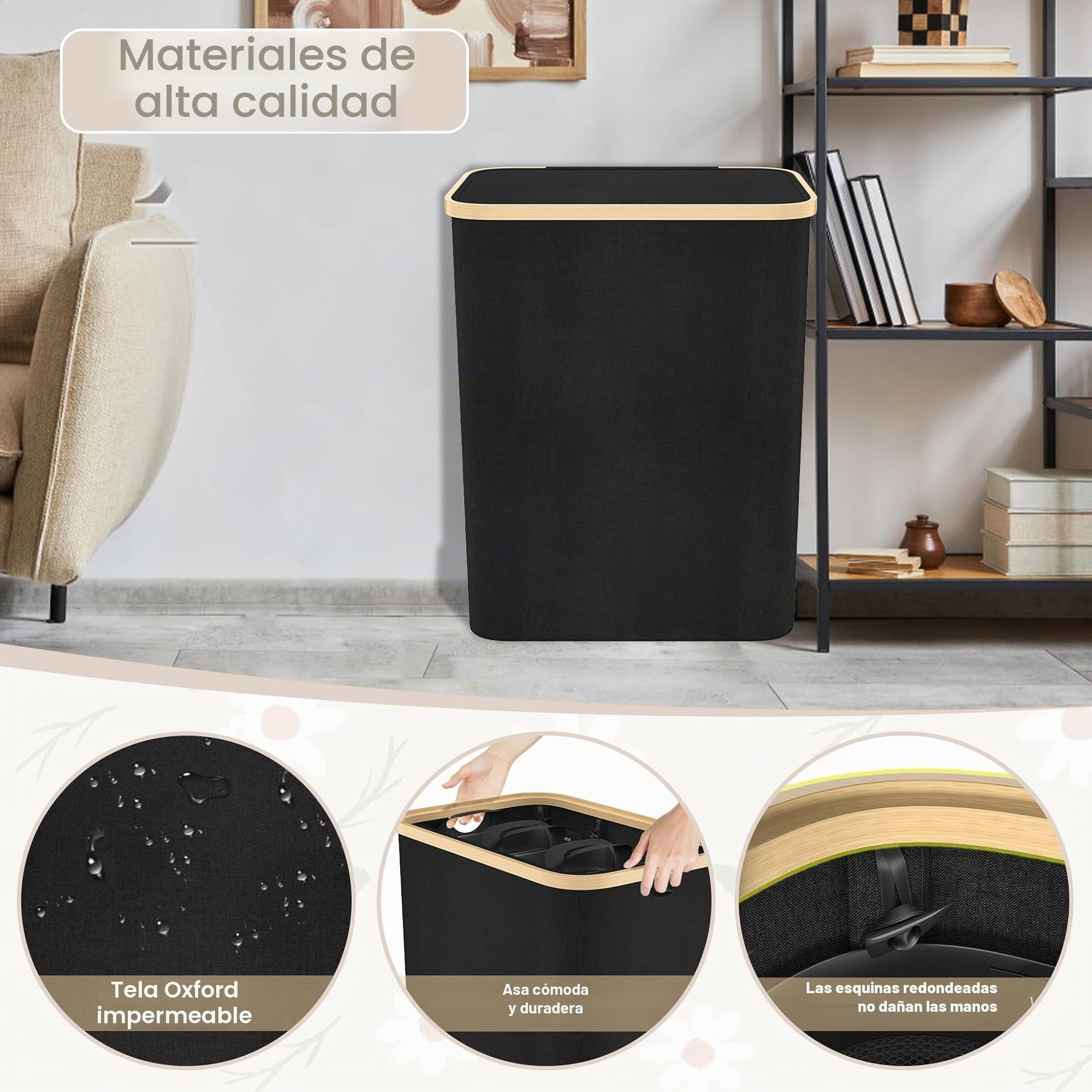 UISEBRT Cesto para la colada con tapa, 3 compartimentos, bolsa de lavandería de 140 l, cesta para la colada estrecha, plegable, extra grande, de bambú, con tapa, color negro