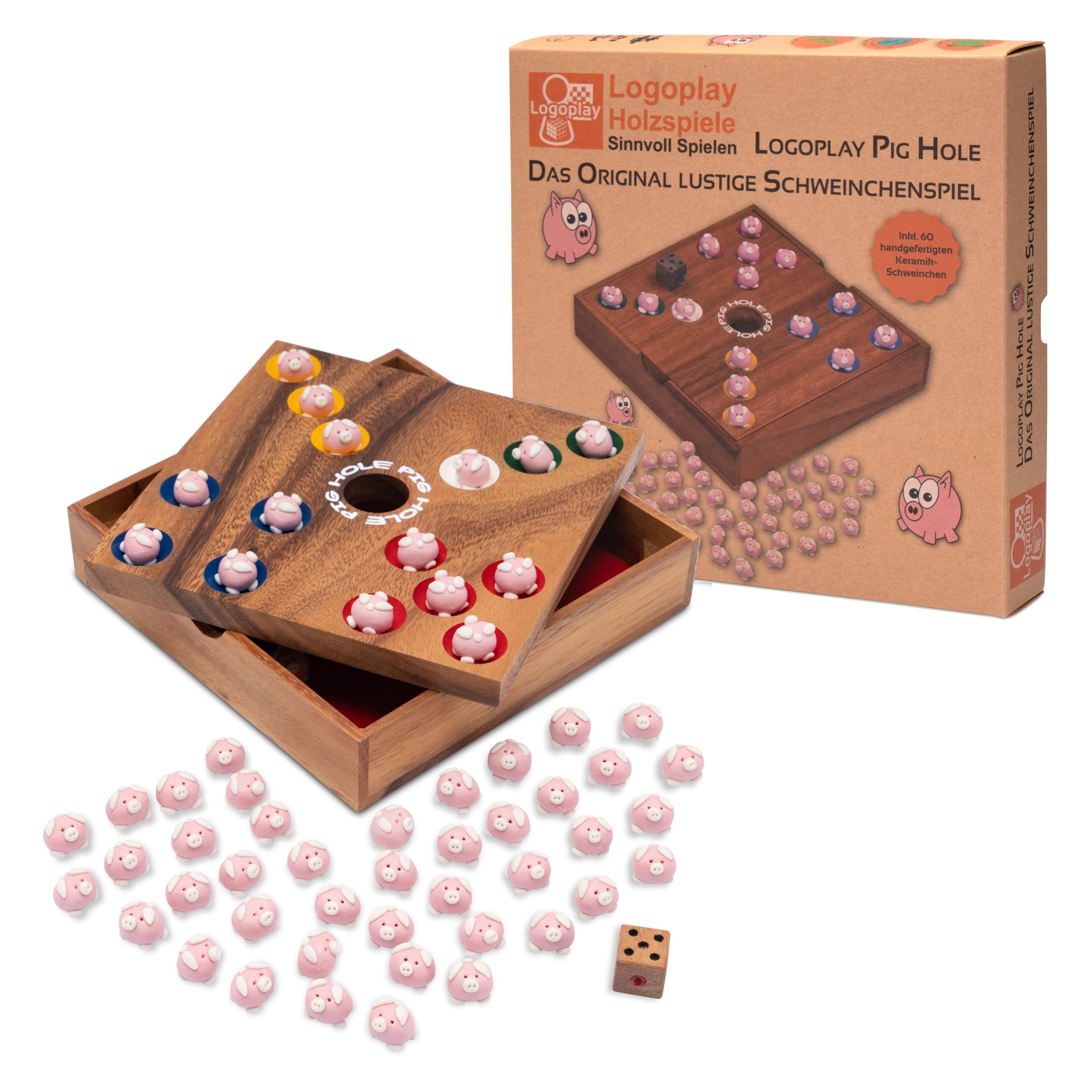 LOGOPLAY Original Funny Pigz - Juego del Cerdo Big Hole - Juego de Dados - Juego de Mesa - Juego de Mesa de Madera Marrón