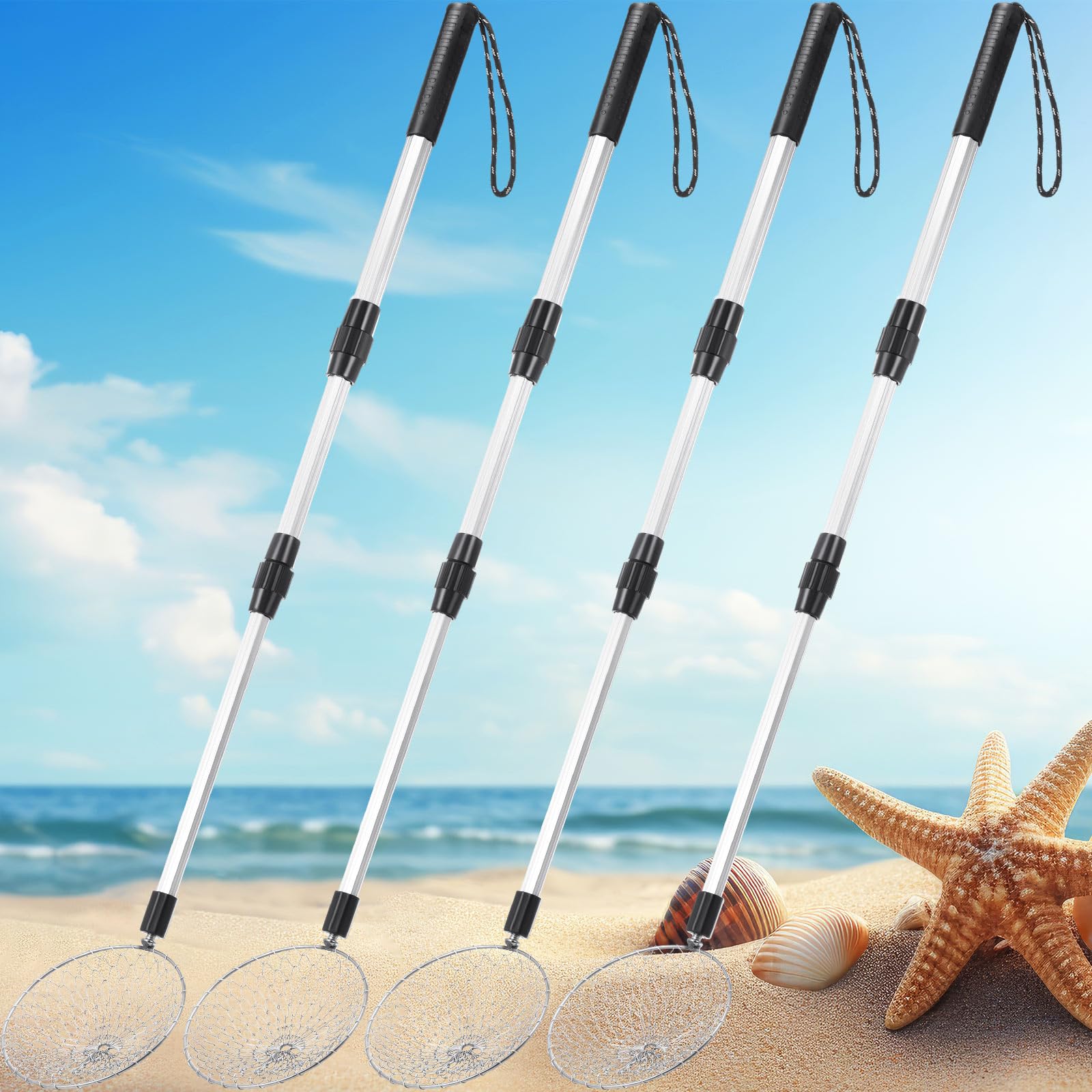 Vinsot Juego de 4 tamices de arena de playa, pala ajustable, palas de tamizado de arena con mango de 41.5 pulgadas de largo, tamiz de dientes de tiburón para limpieza de playa
