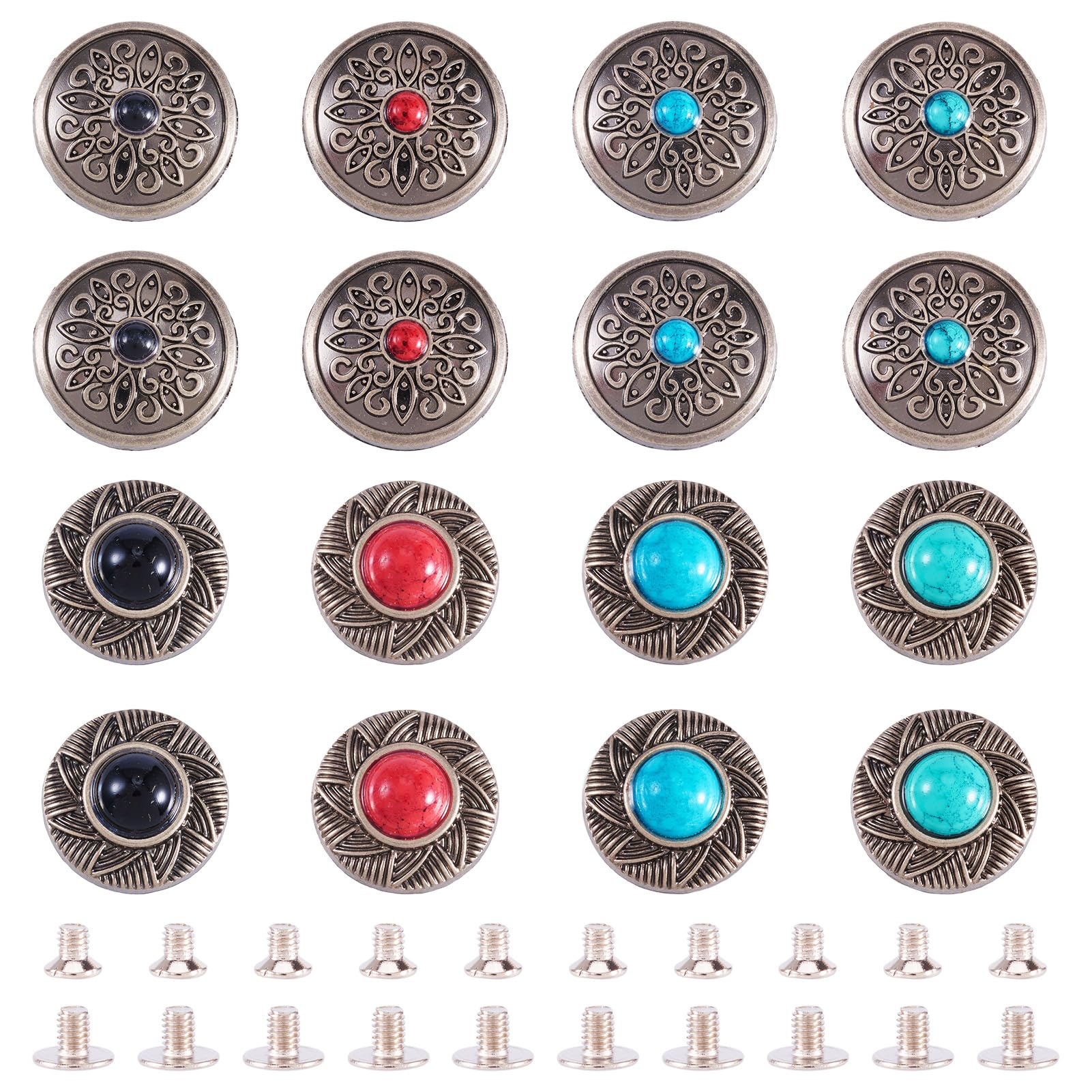 PandaHall 16 Sets Screwback Rivets Gunmetal Leather Rivet Buttons Turquoise Decorative Rivets Studs for Purse Handbag Shoes Leather Craft Clothes Belt