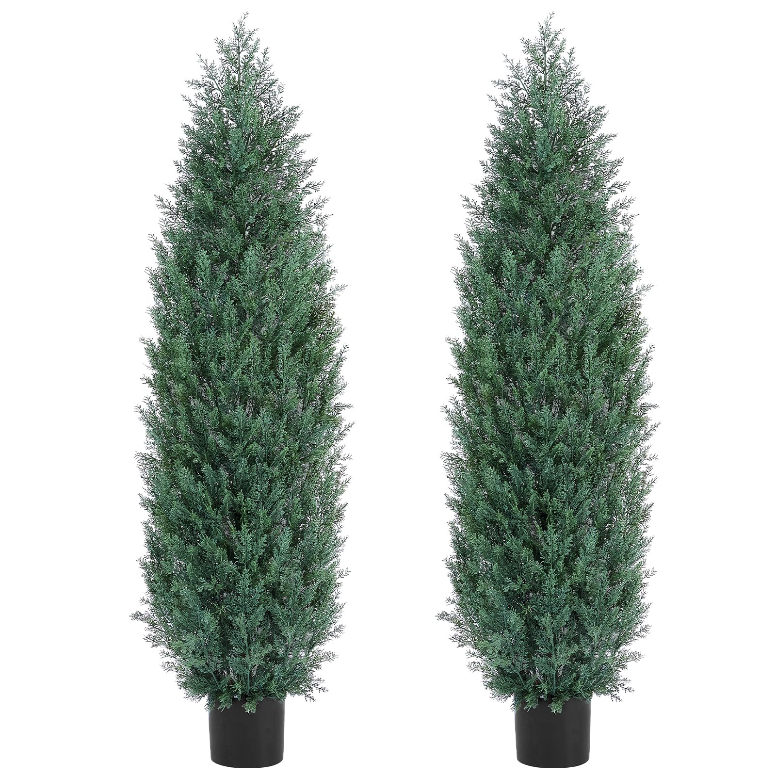 5Ft Artificial Cypress Trees (Set of 2) Outdoor Indoor, Realistic Faux Potted Cedar Trees with UV Protection, FakeTopiary Trees in Cement Pot for