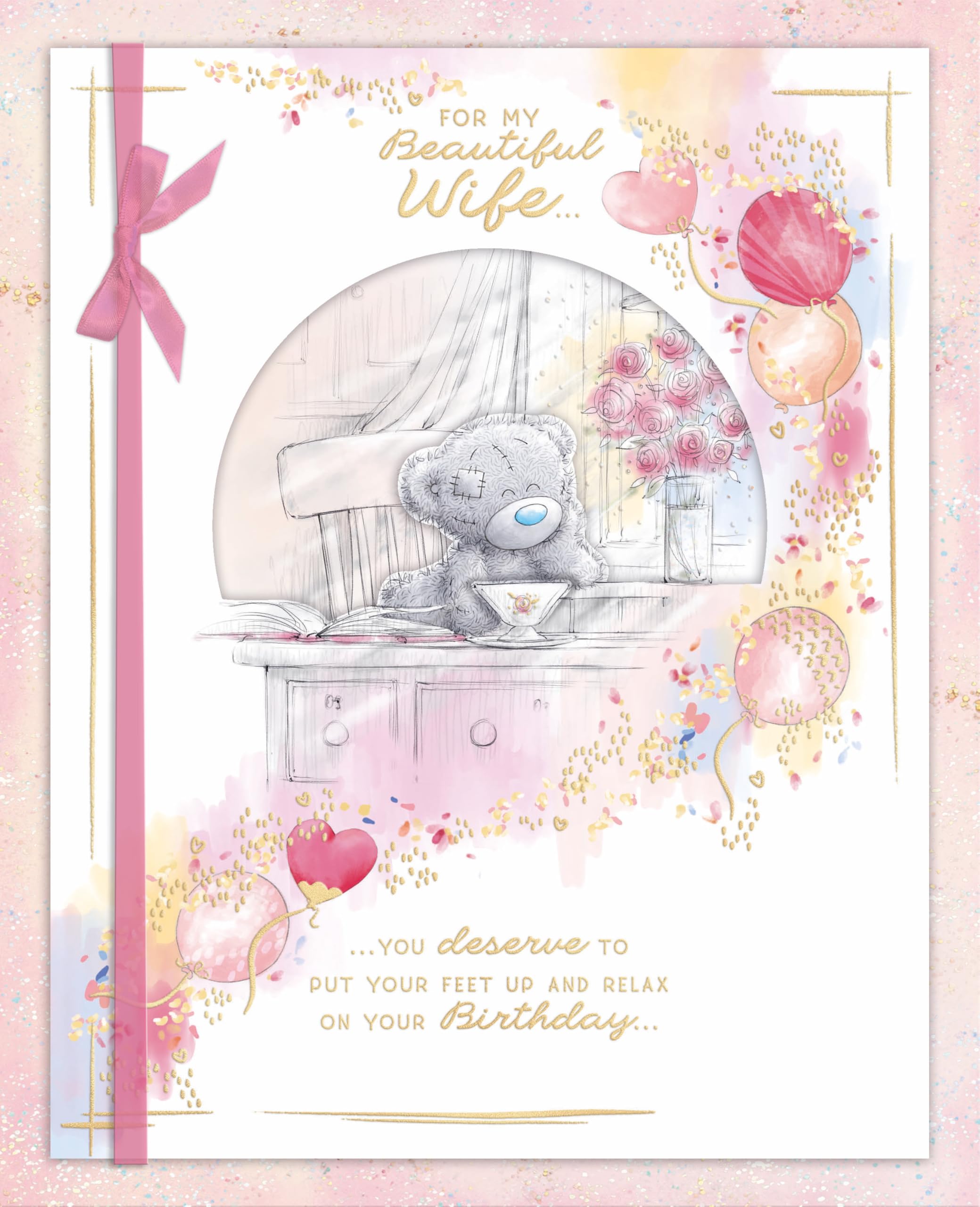 Birthday Card Wife BOXED LARGE Tatty Teddy Cute Card. Gold foiling, Pages inside