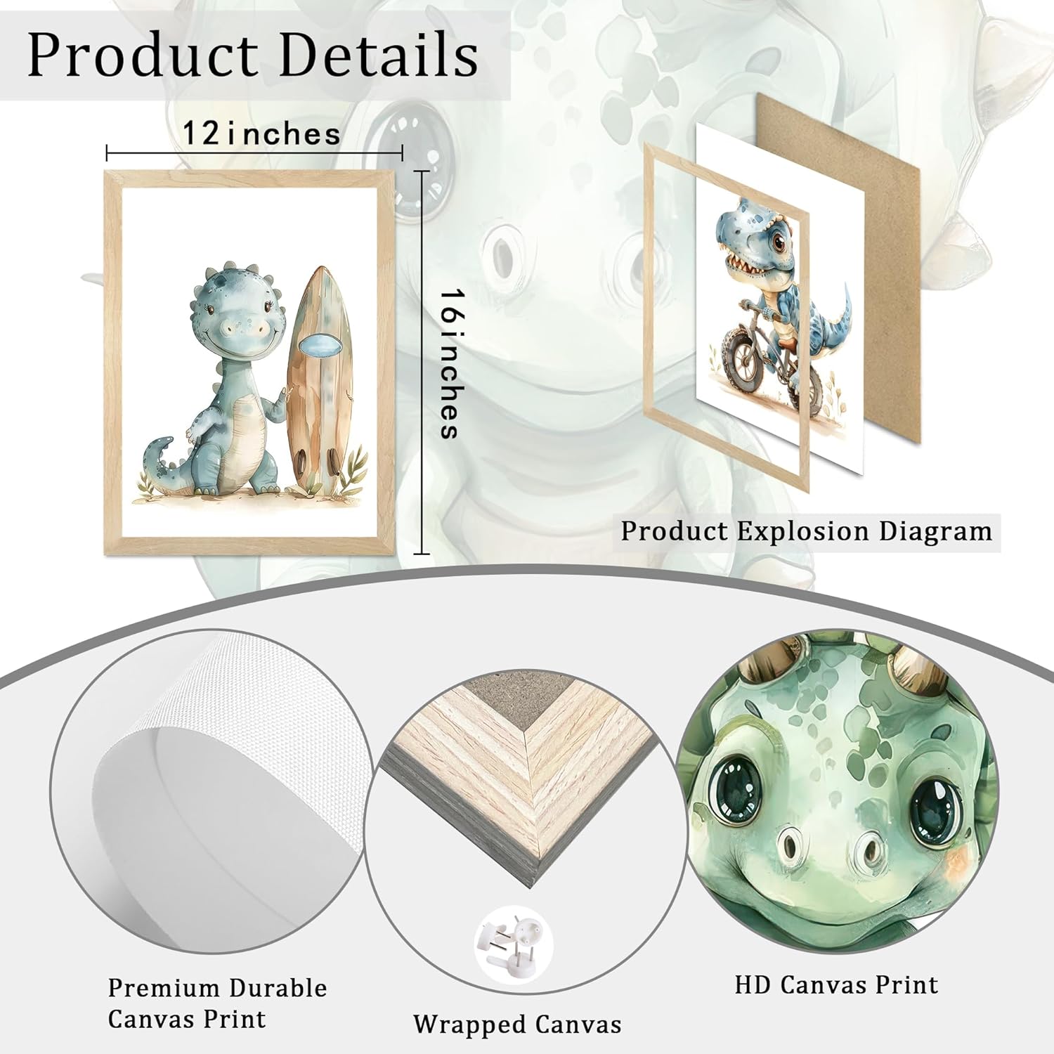 Ovczax 3 Piece Cute Dinosaur Wall Art for Kids Room - Watercolor Cartoon Dinosaur room Decor - Dinosaur Print Artwork Framed Dino Wall Decor 16x12in