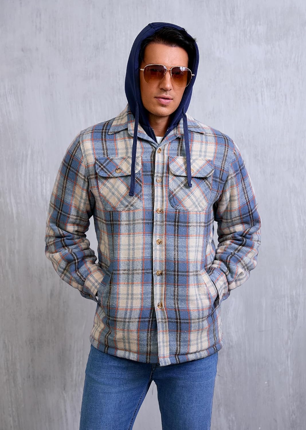 KOMANA Men's Zip Button Sherpa Plaid Flannel Shirt Jacket with Hood - Image 6