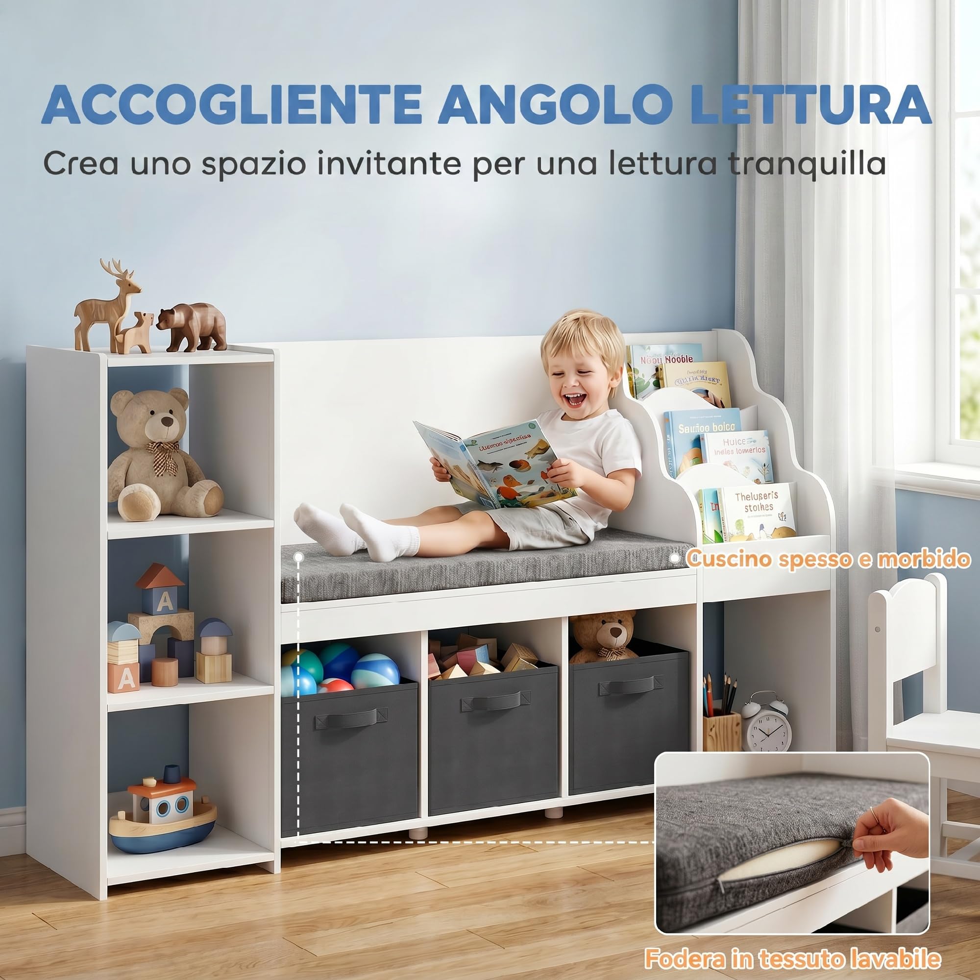 AIYAPLAY Scaffale Portagiochi Bambini, Libreria Montessoriana per Bambini in Legno 3-8 Anni con Libreria a 3 Livelli, 3 Cassetti in Tessuto, 4 Scomparti, Cuscino, per Cameretta, 137x40x80cm, Bianco
