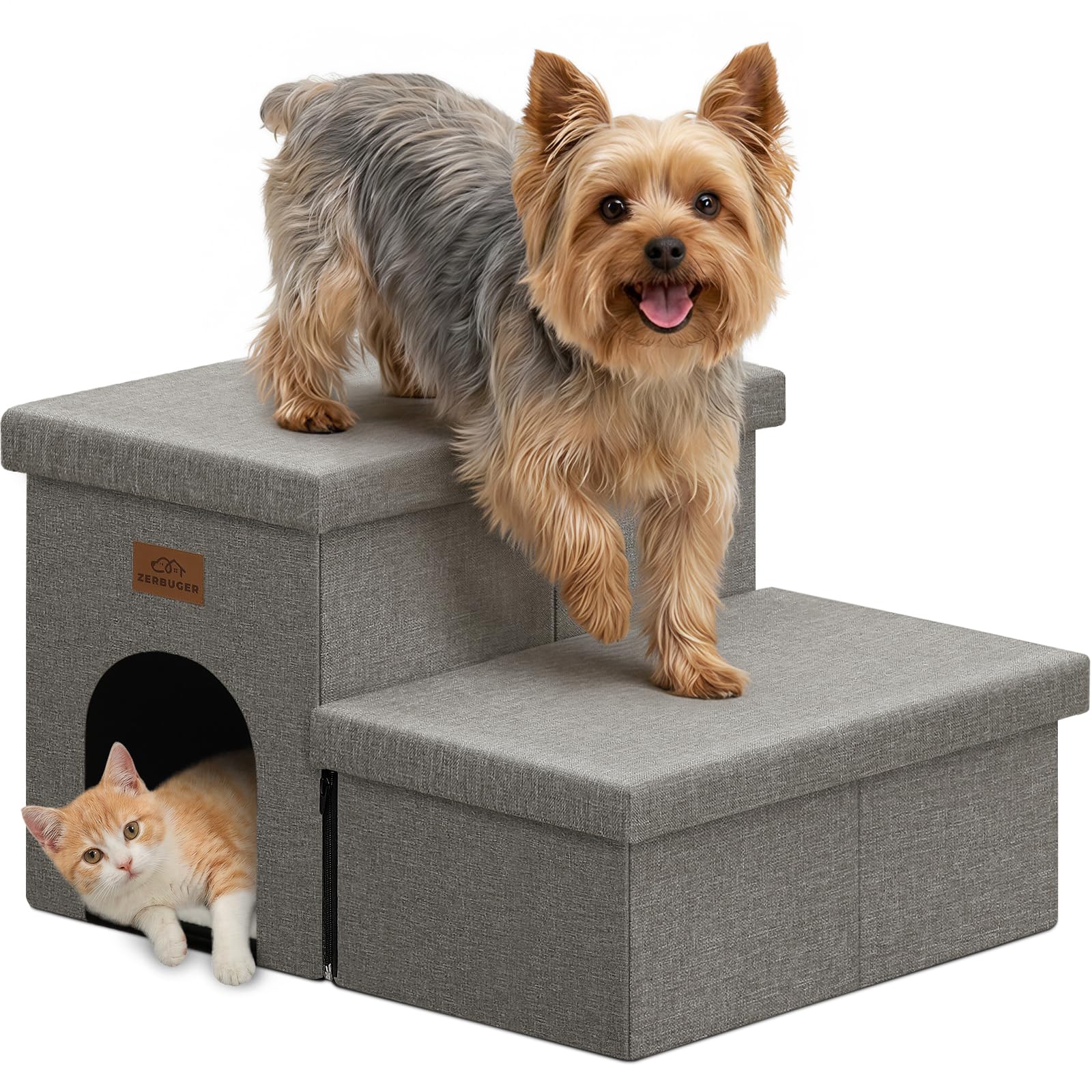 Zerbuger Dog Stairs with Storage, Grey 2 Steps Dog Ramp with Condo for Bed
