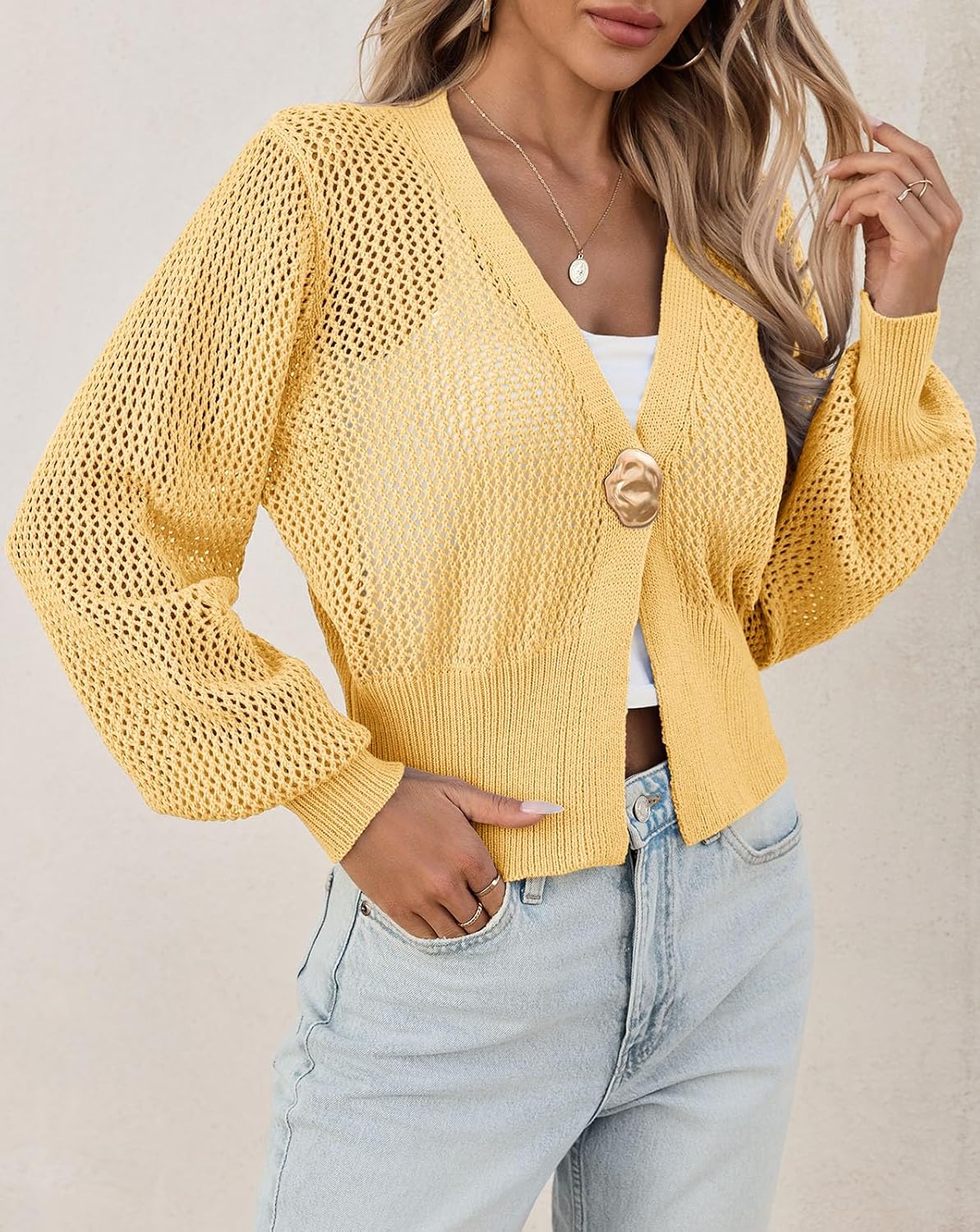 Cicy Bell Womens Cropped Crochet Cardigans Hollow Out Button Down Lantern Sleeve Knit Sweaters Casual Mesh Loose Fit Cover Up