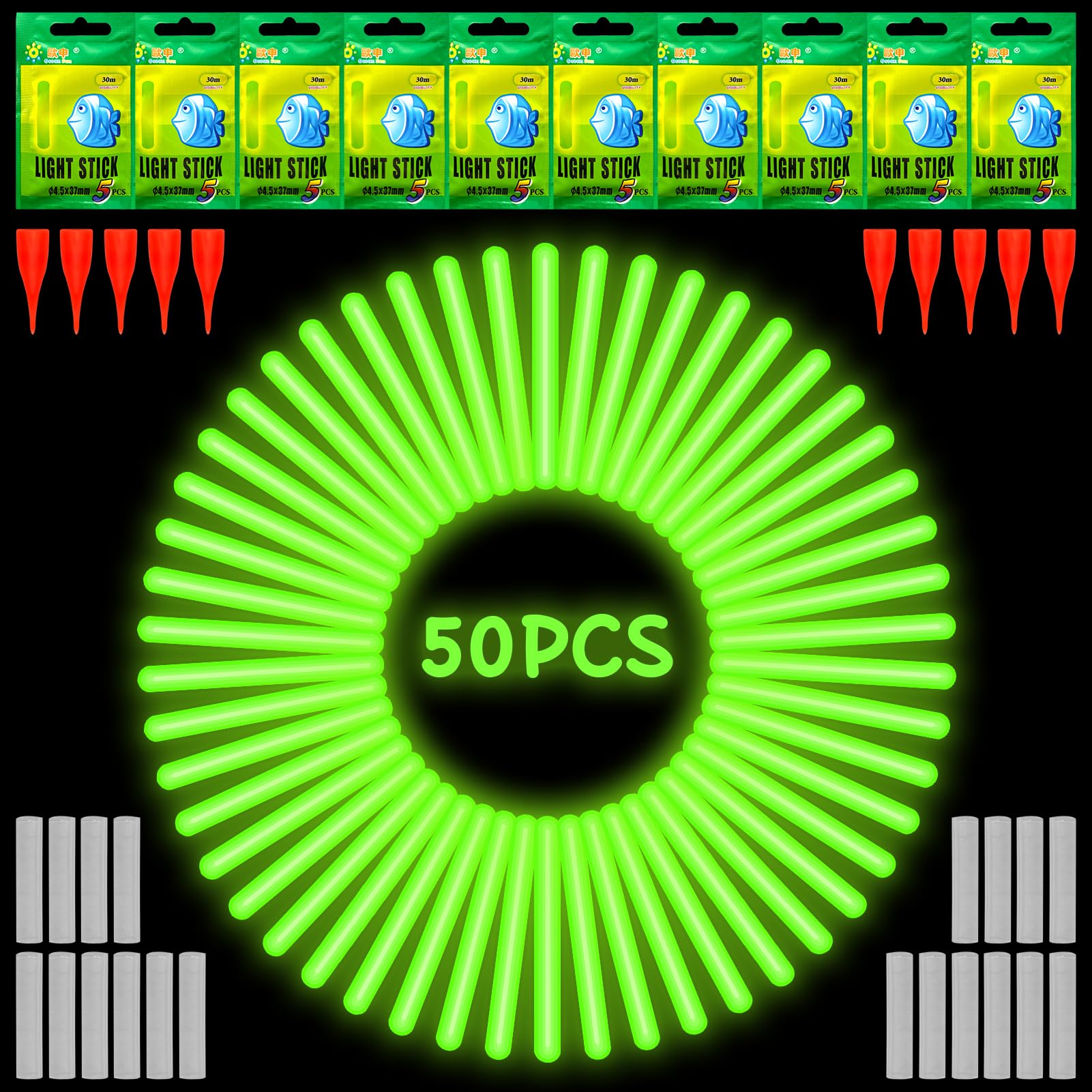 Lot De 50 Bâtons Lumineux Pour Pêche De Nuit - 4,5x37 Mm, Vert, Visibles à 30 M, Durée 10-12h