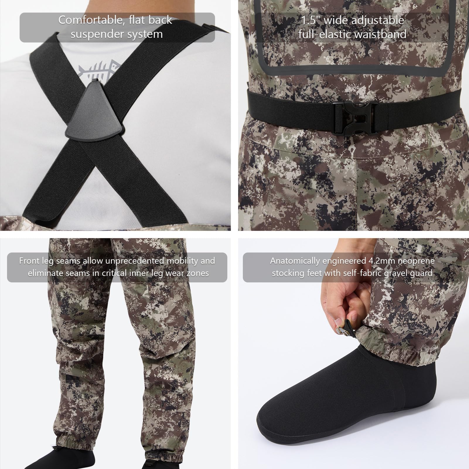 Bassdash Hommes Wader à poitrine Léger et Respirant Camouflage Noir Semelle de Chaussette pour la Pêche à la Mouche et la Chasse FW11